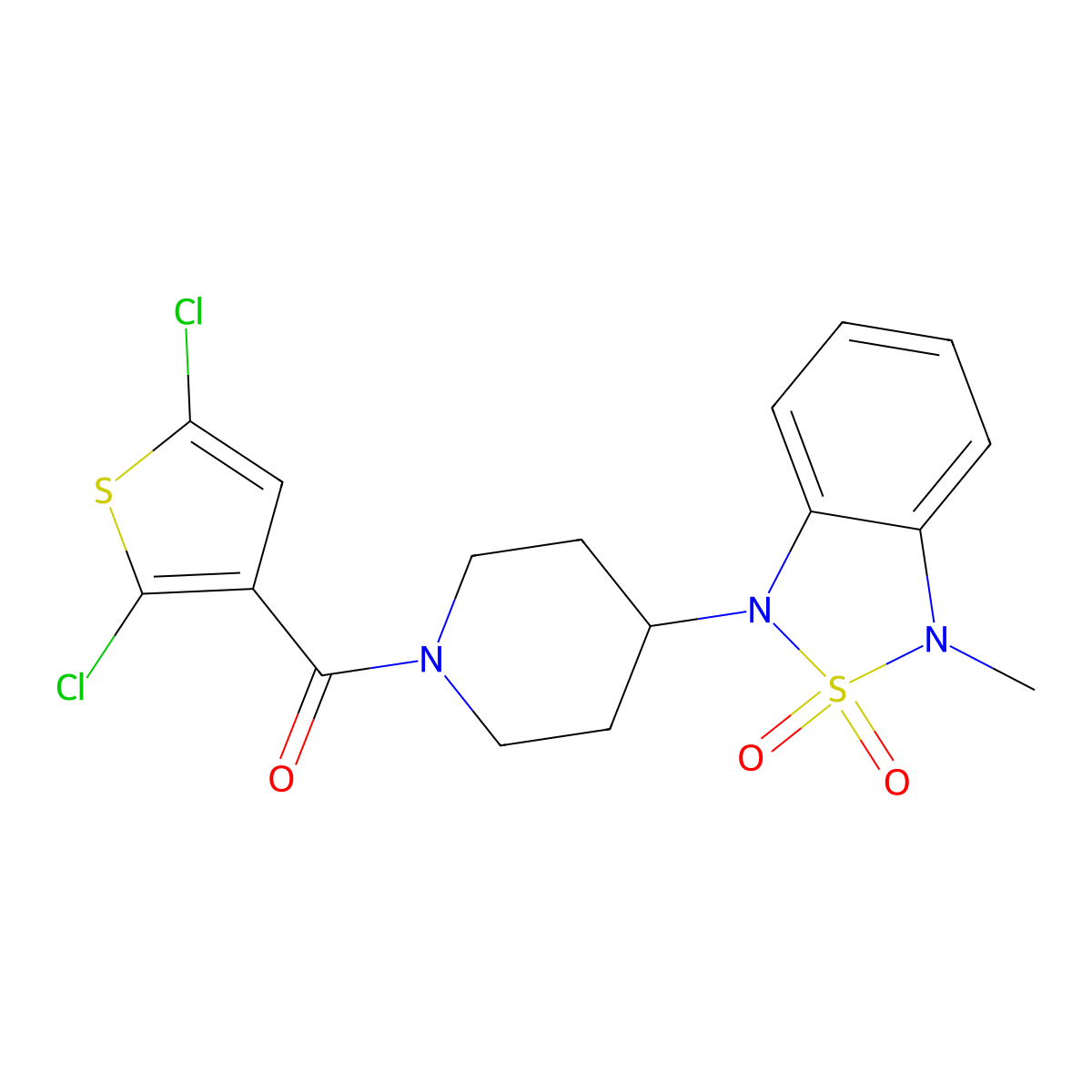 (2,5-dichlorothiophen-3-yl)(4-(3-methyl-2,2-dioxidobenzo[c][1,2,5]thiadiazol-1(3H)-yl)piperidin-1-yl)methanone molecular structure, CAS 2034280-22-1