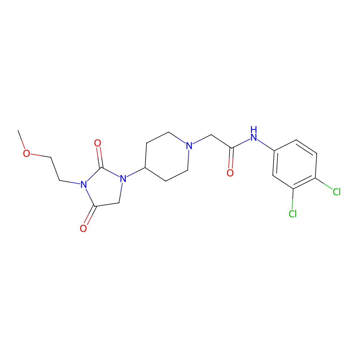 N-(3,4-dichlorophenyl)-2-(4-(3-(2-methoxyethyl)-2,4-dioxoimidazolidin-1-yl)piperidin-1-yl)acetamide molecular structure, CAS 2034280-25-4