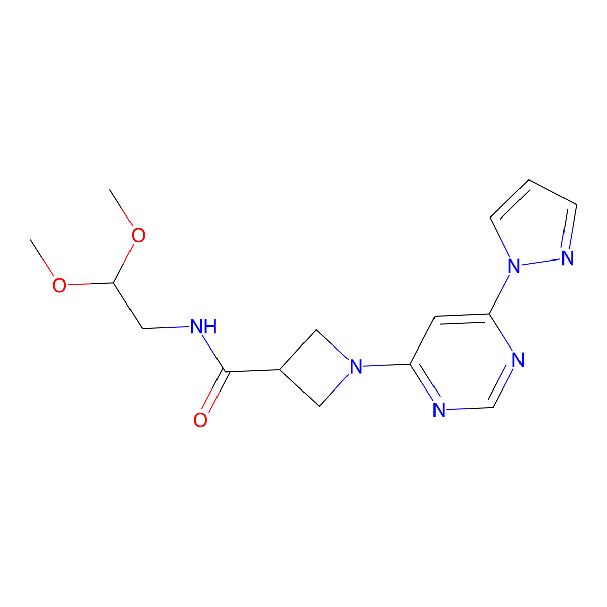 1-(6-(1H-pyrazol-1-yl)pyrimidin-4-yl)-N-(2,2-dimethoxyethyl)azetidine-3-carboxamide molecular structure, CAS 2034280-33-4