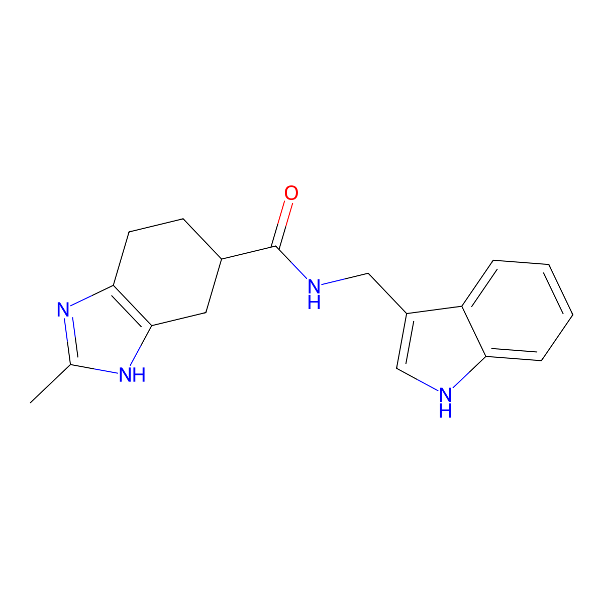 N-((1H-indol-3-yl)methyl)-2-methyl-4,5,6,7-tetrahydro-1H-benzo[d]imidazole-5-carboxamide molecular structure, CAS 2034280-45-8