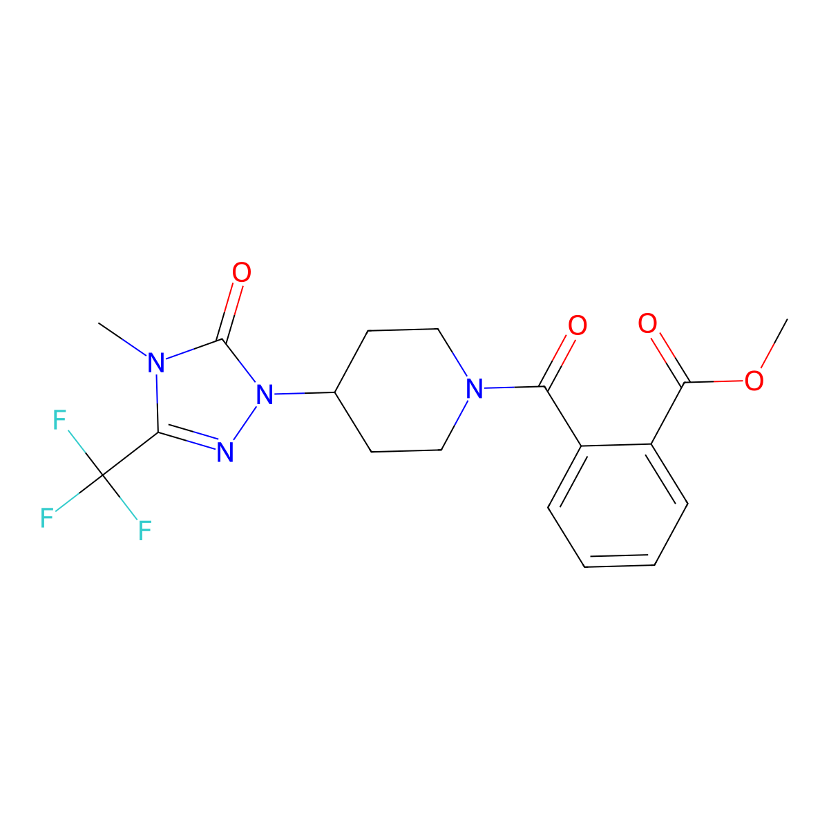 methyl 2-(4-(4-methyl-5-oxo-3-(trifluoromethyl)-4,5-dihydro-1H-1,2,4-triazol-1-yl)piperidine-1-carbonyl)benzoate molecular structure, CAS 2034280-56-1