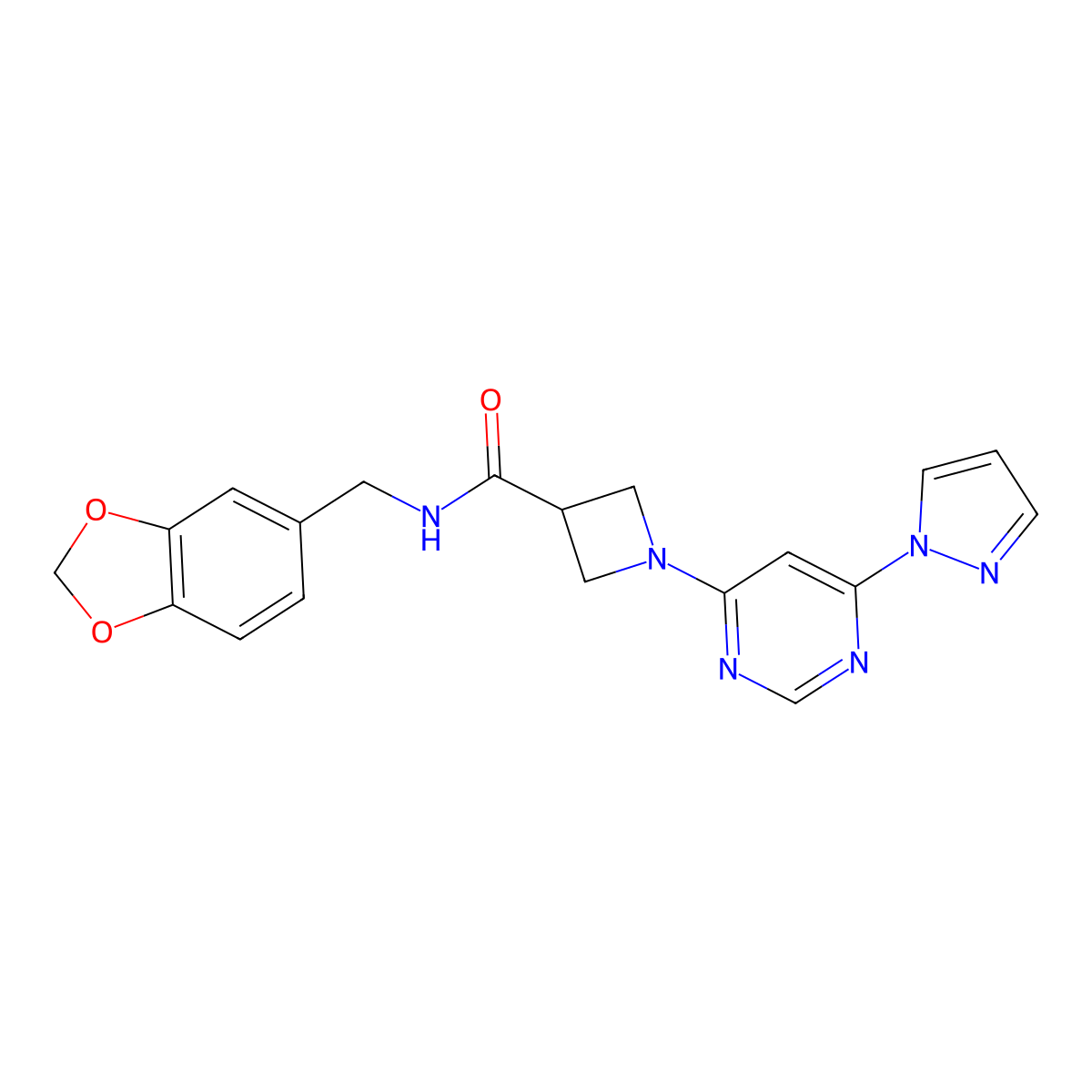 1-(6-(1H-pyrazol-1-yl)pyrimidin-4-yl)-N-(benzo[d][1,3]dioxol-5-ylmethyl)azetidine-3-carboxamide molecular structure, CAS 2034280-59-4
