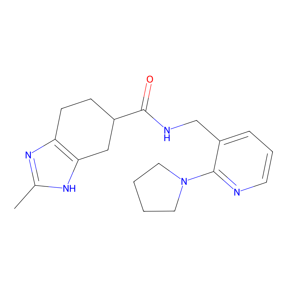 2-methyl-N-((2-(pyrrolidin-1-yl)pyridin-3-yl)methyl)-4,5,6,7-tetrahydro-1H-benzo[d]imidazole-5-carboxamide molecular structure, CAS 2034280-61-8