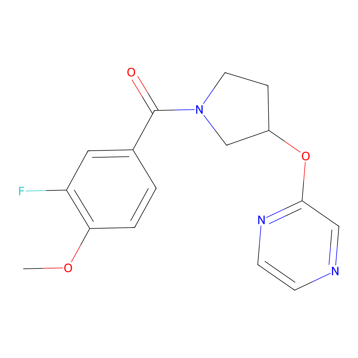 (3-Fluoro-4-methoxyphenyl)(3-(pyrazin-2-yloxy)pyrrolidin-1-yl)methanone molecular structure, CAS 2034280-63-0