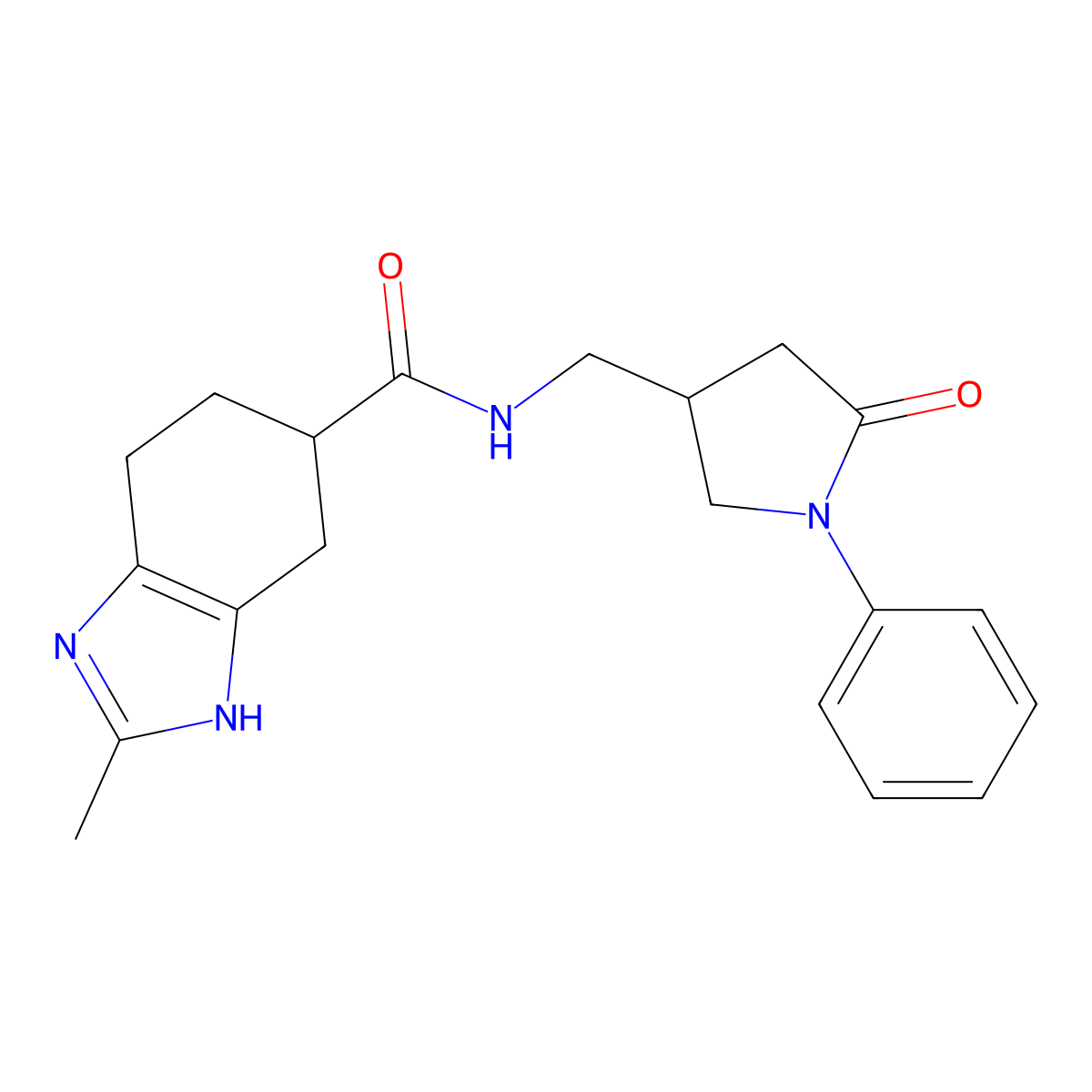 2-methyl-N-((5-oxo-1-phenylpyrrolidin-3-yl)methyl)-4,5,6,7-tetrahydro-1H-benzo[d]imidazole-5-carboxamide molecular structure, CAS 2034280-68-5