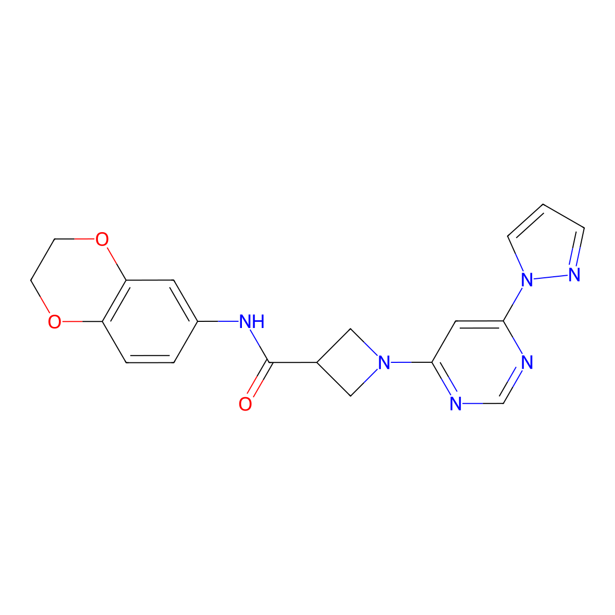 1-(6-(1H-pyrazol-1-yl)pyrimidin-4-yl)-N-(2,3-dihydrobenzo[b][1,4]dioxin-6-yl)azetidine-3-carboxamide molecular structure, CAS 2034280-69-6