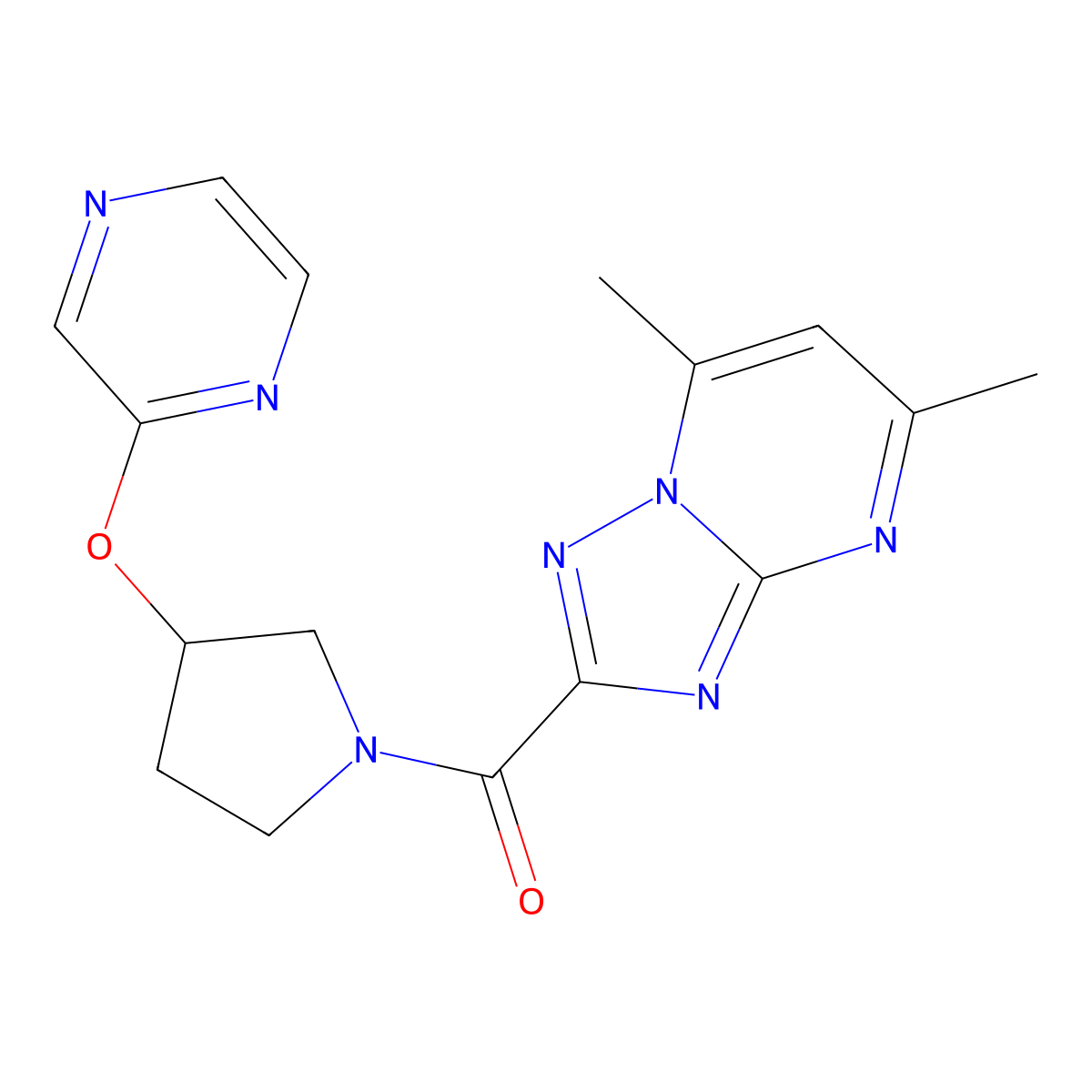 (5,7-Dimethyl-[1,2,4]triazolo[1,5-a]pyrimidin-2-yl)(3-(pyrazin-2-yloxy)pyrrolidin-1-yl)methanone molecular structure, CAS 2034280-71-0