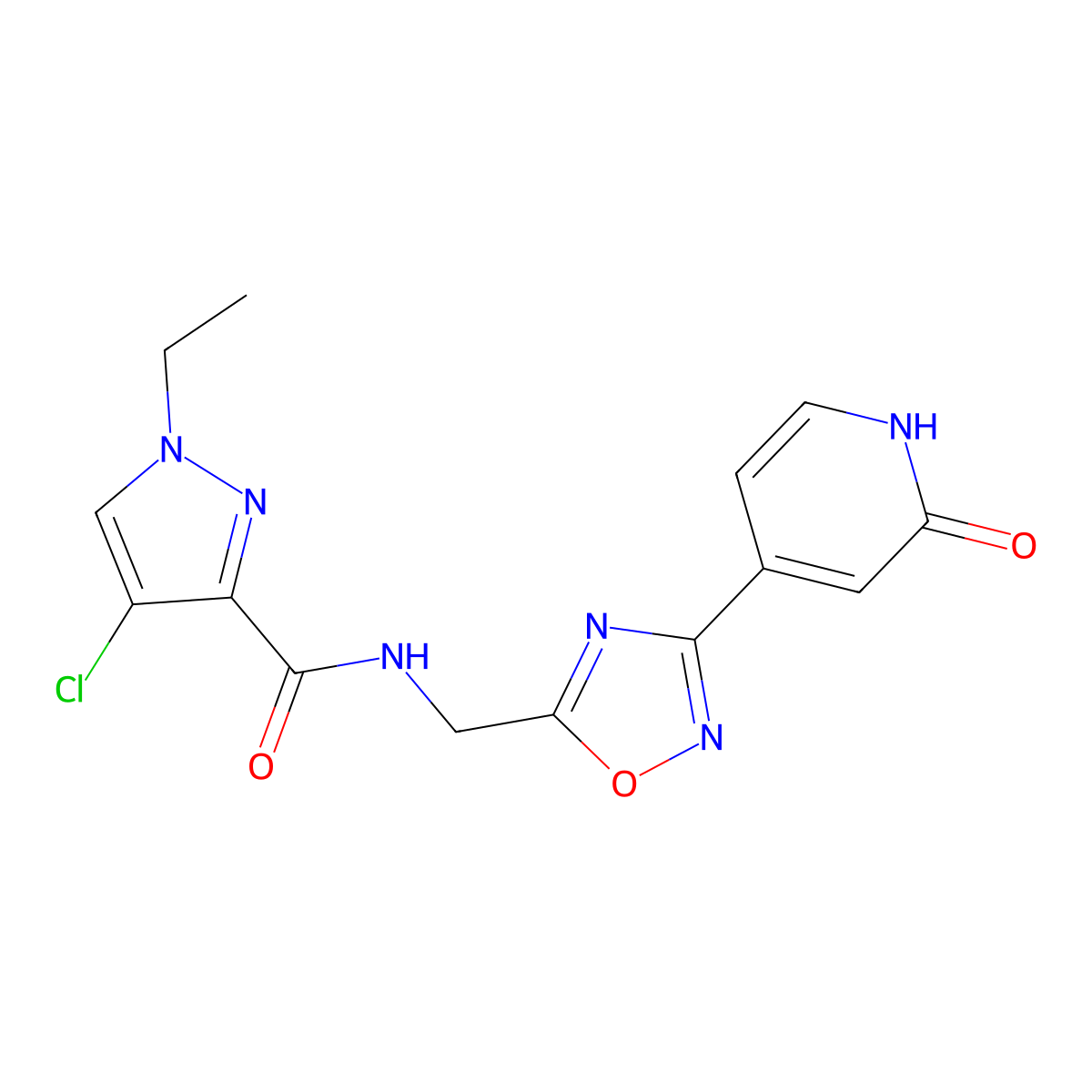 4-chloro-1-ethyl-N-((3-(2-oxo-1,2-dihydropyridin-4-yl)-1,2,4-oxadiazol-5-yl)methyl)-1H-pyrazole-3-carboxamide molecular structure, CAS 2034280-78-7