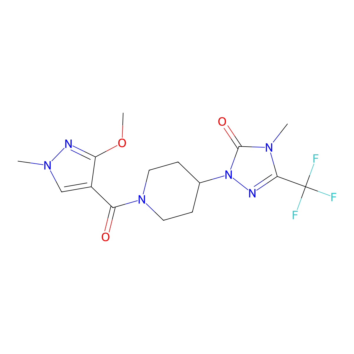 1-(1-(3-methoxy-1-methyl-1H-pyrazole-4-carbonyl)piperidin-4-yl)-4-methyl-3-(trifluoromethyl)-1H-1,2,4-triazol-5(4H)-one molecular structure, CAS 2034280-87-8