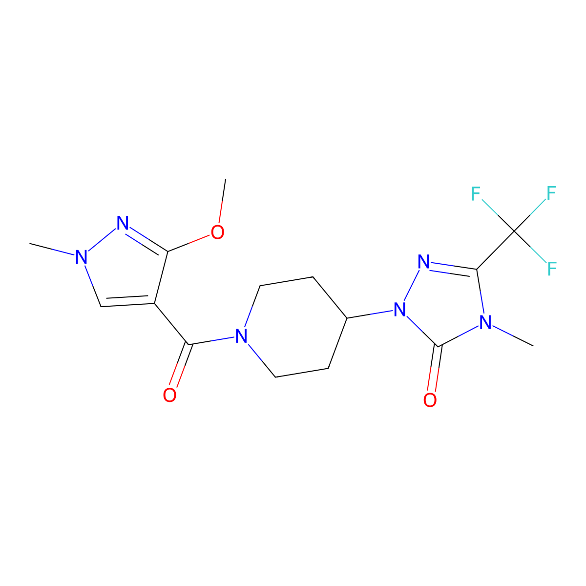 1-(1-(3-methoxy-1-methyl-1H-pyrazole-4-carbonyl)piperidin-4-yl)-4-methyl-3-(trifluoromethyl)-1H-1,2,4-triazol-5(4H)-one molecular structure, CAS 2034280-87-8