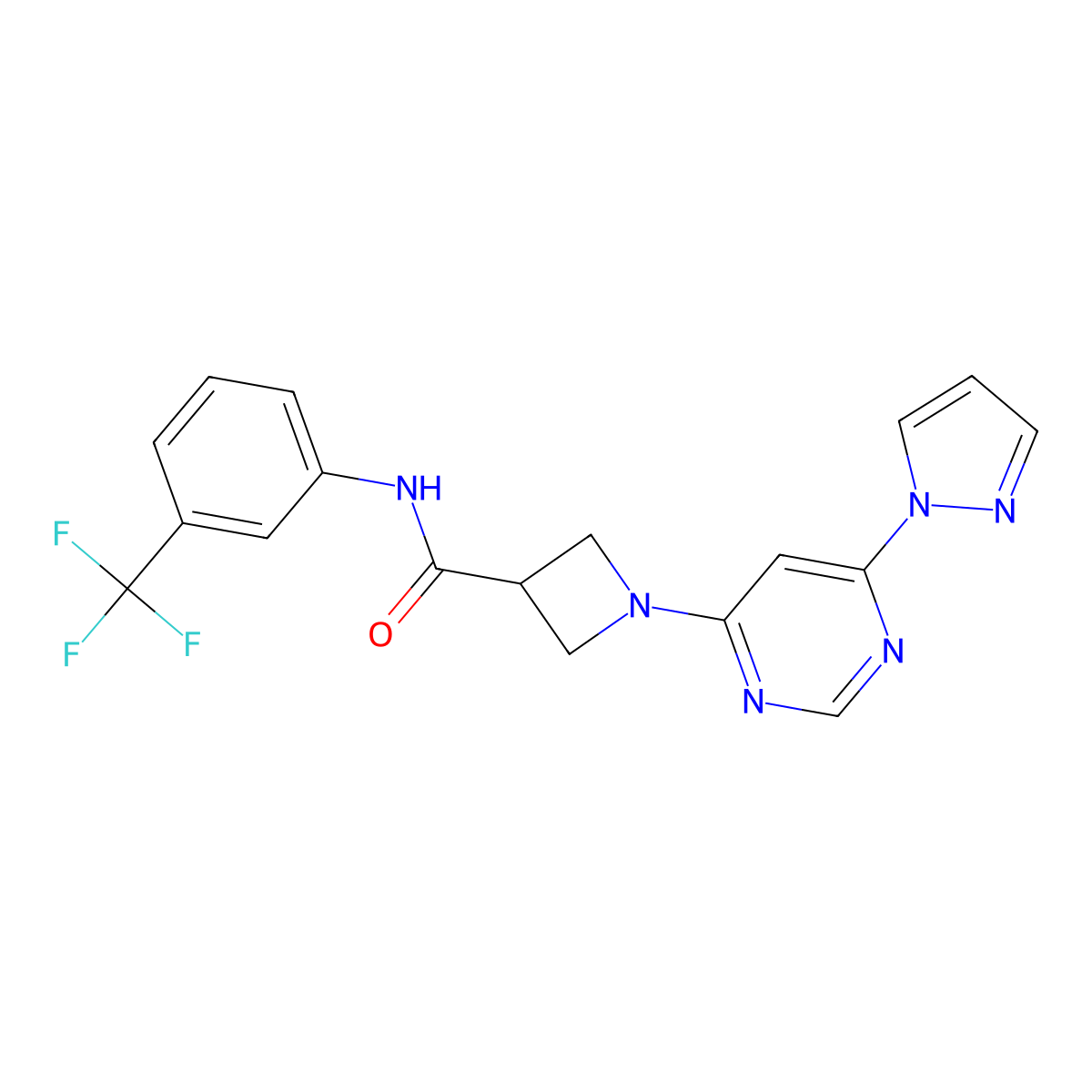 1-[6-(1H-pyrazol-1-yl)pyrimidin-4-yl]-N-[3-(trifluoromethyl)phenyl]azetidine-3-carboxamide molecular structure, CAS 2034280-91-4