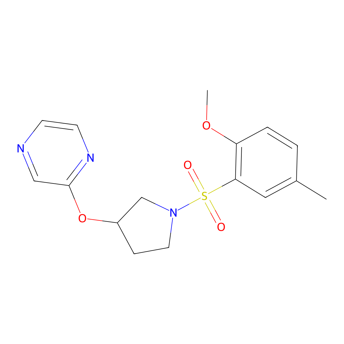2-((1-((2-Methoxy-5-methylphenyl)sulfonyl)pyrrolidin-3-yl)oxy)pyrazine molecular structure, CAS 2034281-05-3