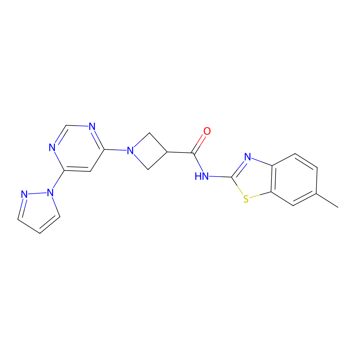 1-(6-(1H-pyrazol-1-yl)pyrimidin-4-yl)-N-(6-methylbenzo[d]thiazol-2-yl)azetidine-3-carboxamide molecular structure, CAS 2034281-07-5