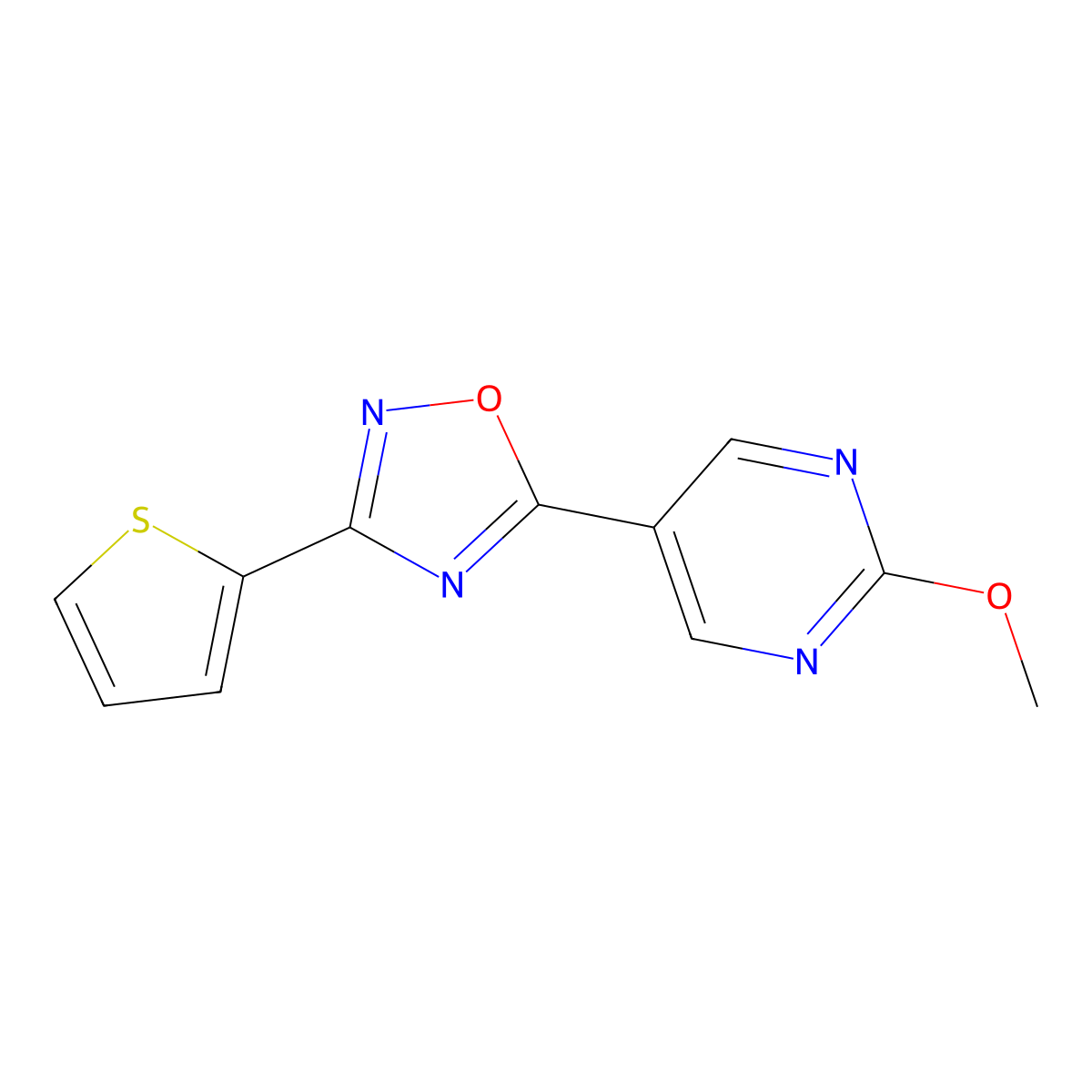 5-(2-Methoxypyrimidin-5-yl)-3-(thiophen-2-yl)-1,2,4-oxadiazole molecular structure, CAS 2034281-10-0