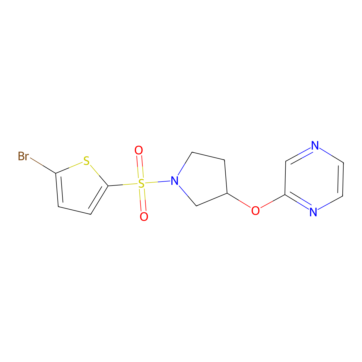 2-({1-[(5-Bromothiophen-2-yl)sulfonyl]pyrrolidin-3-yl}oxy)pyrazine molecular structure, CAS 2034281-13-3