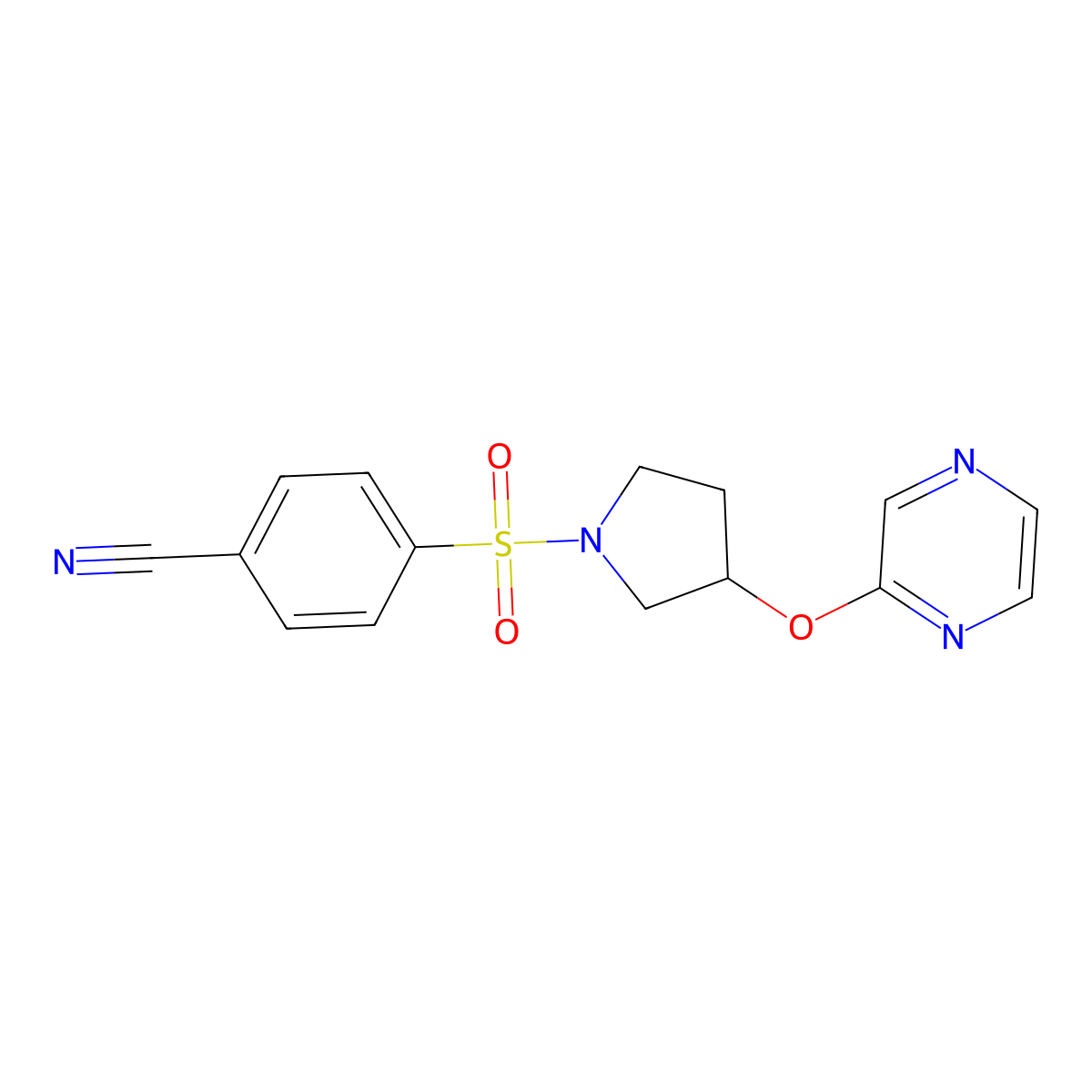 4-((3-(Pyrazin-2-yloxy)pyrrolidin-1-yl)sulfonyl)benzonitrile molecular structure, CAS 2034281-21-3