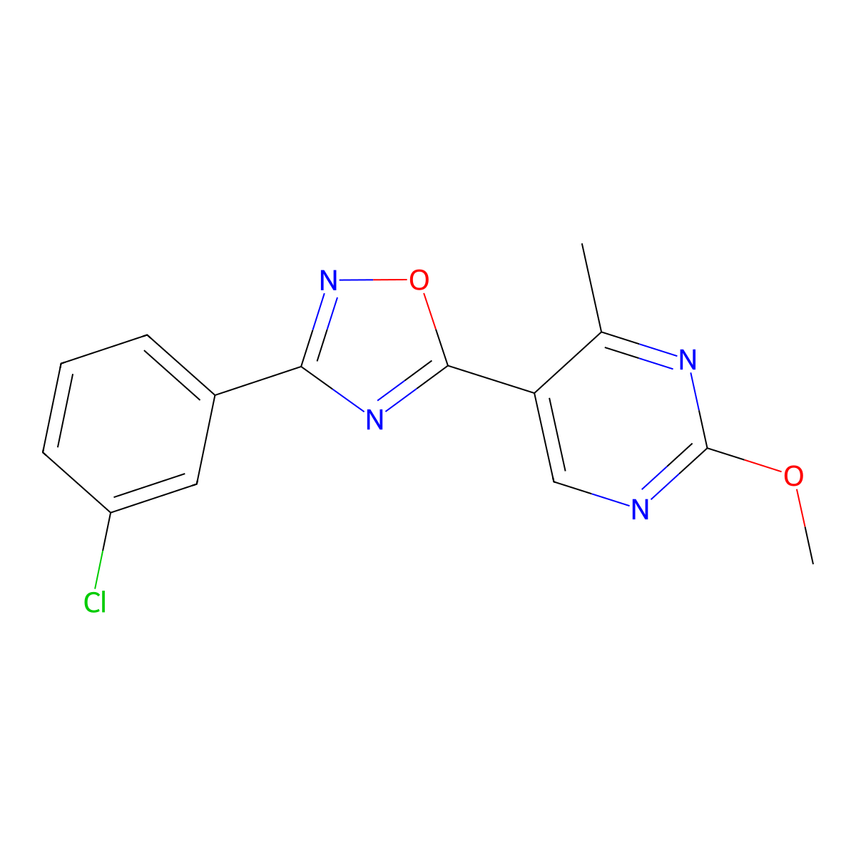 3-(3-Chlorophenyl)-5-(2-methoxy-4-methylpyrimidin-5-yl)-1,2,4-oxadiazole molecular structure, CAS 2034281-25-7