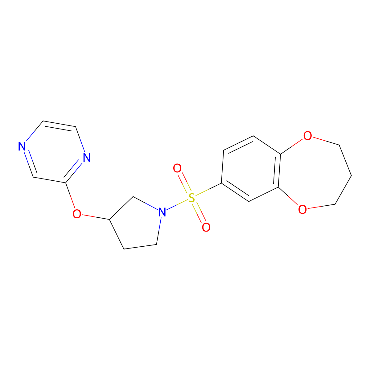 2-((1-((3,4-dihydro-2H-benzo[b][1,4]dioxepin-7-yl)sulfonyl)pyrrolidin-3-yl)oxy)pyrazine molecular structure, CAS 2034281-26-8
