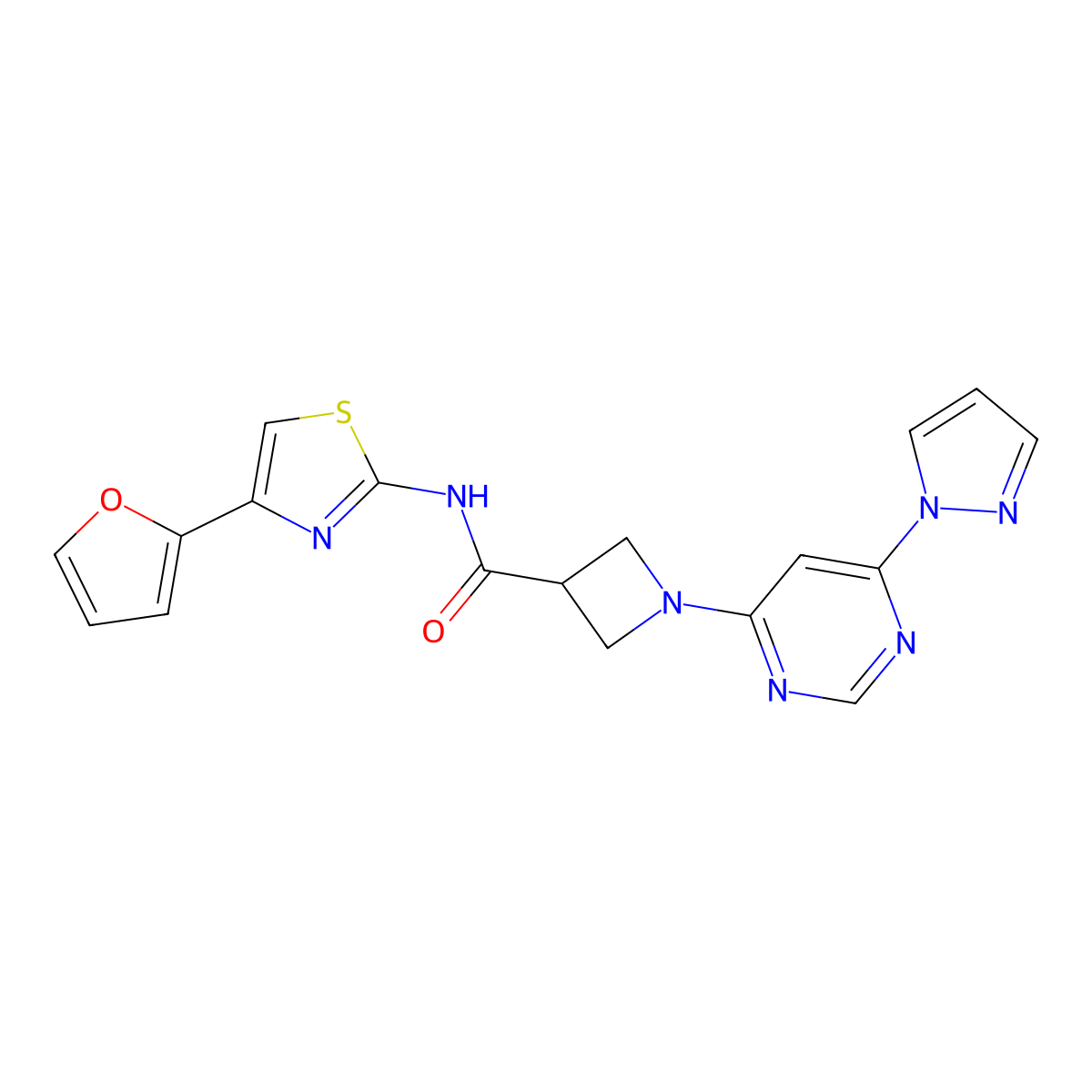 1-(6-(1H-pyrazol-1-yl)pyrimidin-4-yl)-N-(4-(furan-2-yl)thiazol-2-yl)azetidine-3-carboxamide molecular structure, CAS 2034281-31-5