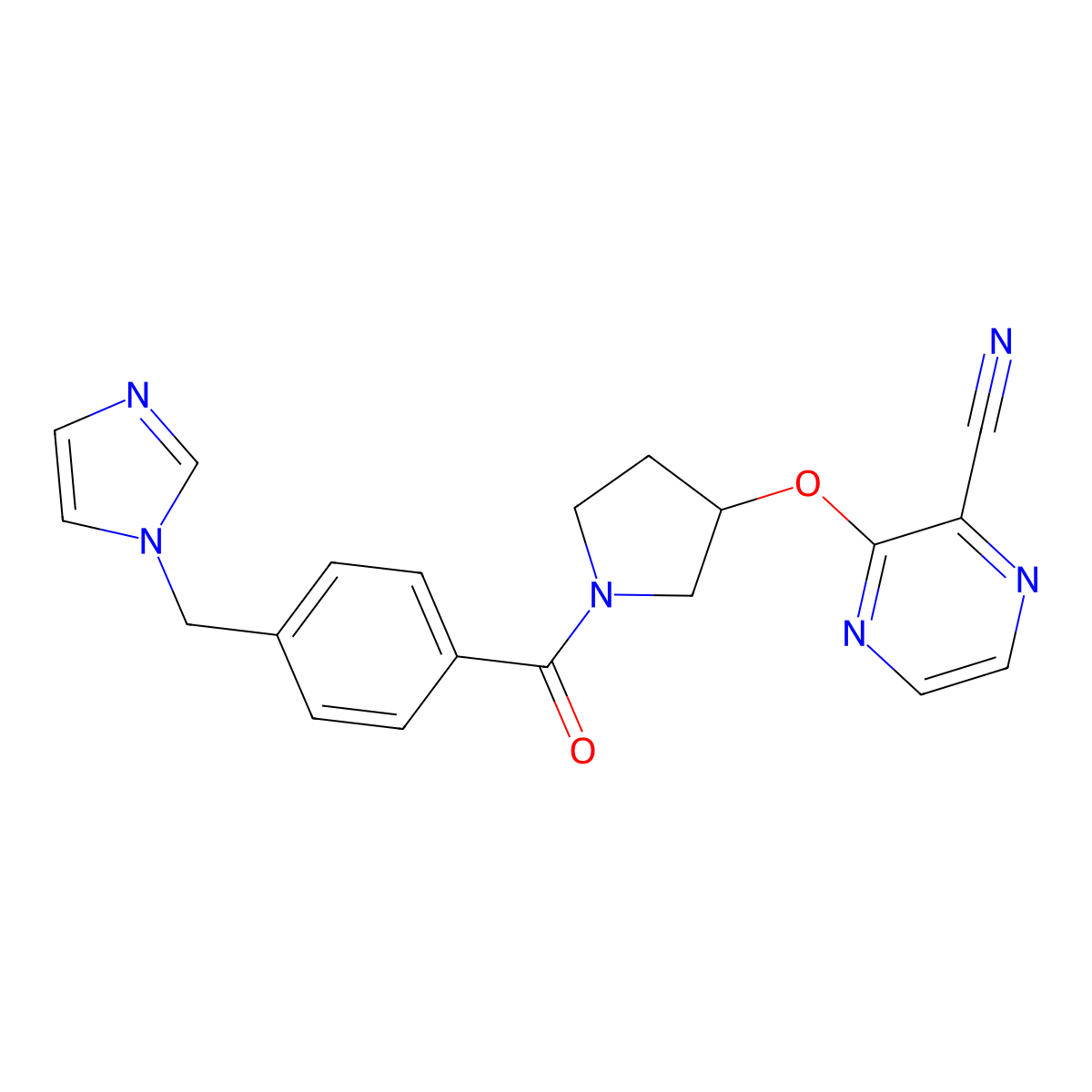 3-((1-(4-((1H-imidazol-1-yl)methyl)benzoyl)pyrrolidin-3-yl)oxy)pyrazine-2-carbonitrile molecular structure, CAS 2034281-37-1