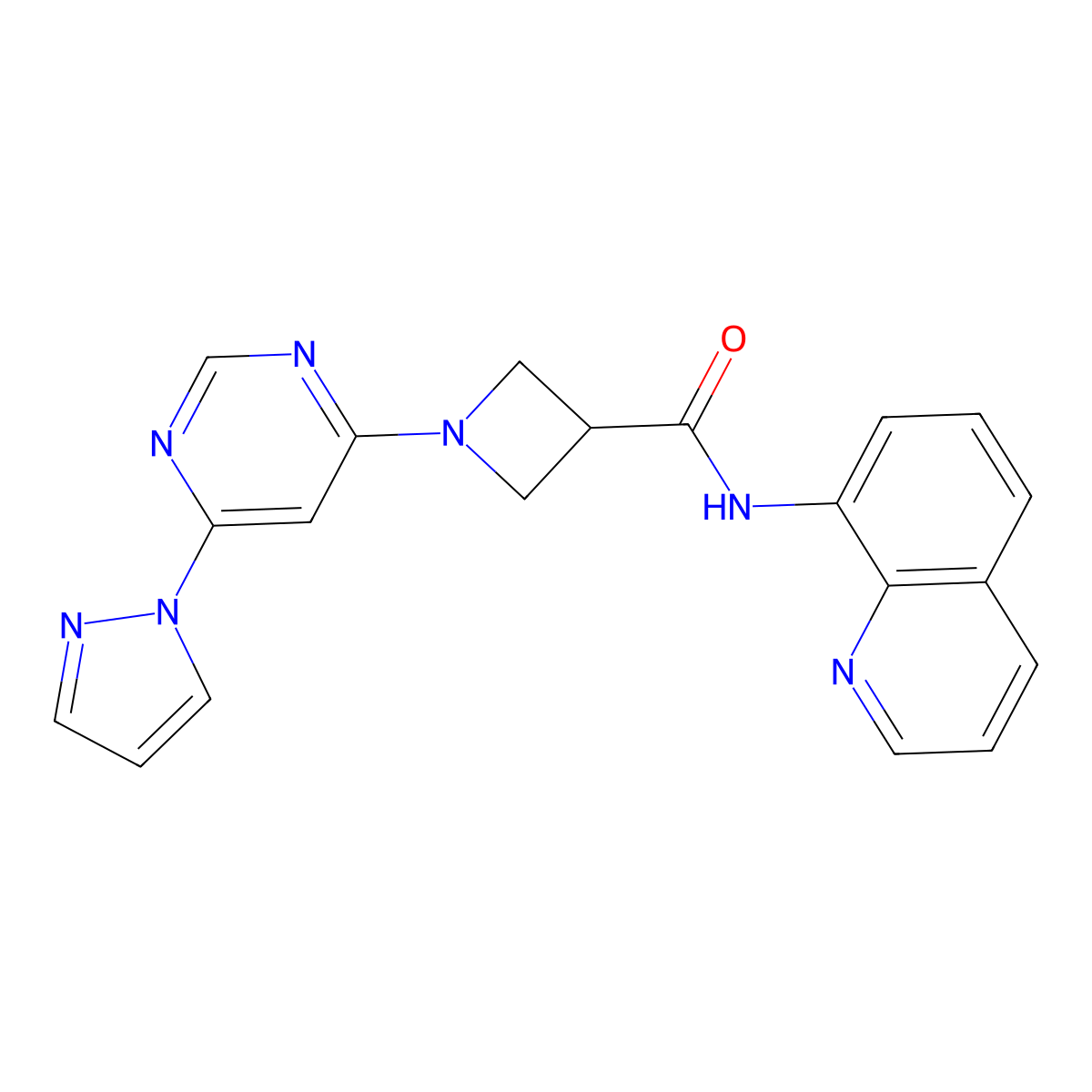 1-[6-(1H-pyrazol-1-yl)pyrimidin-4-yl]-N-(quinolin-8-yl)azetidine-3-carboxamide molecular structure, CAS 2034281-40-6