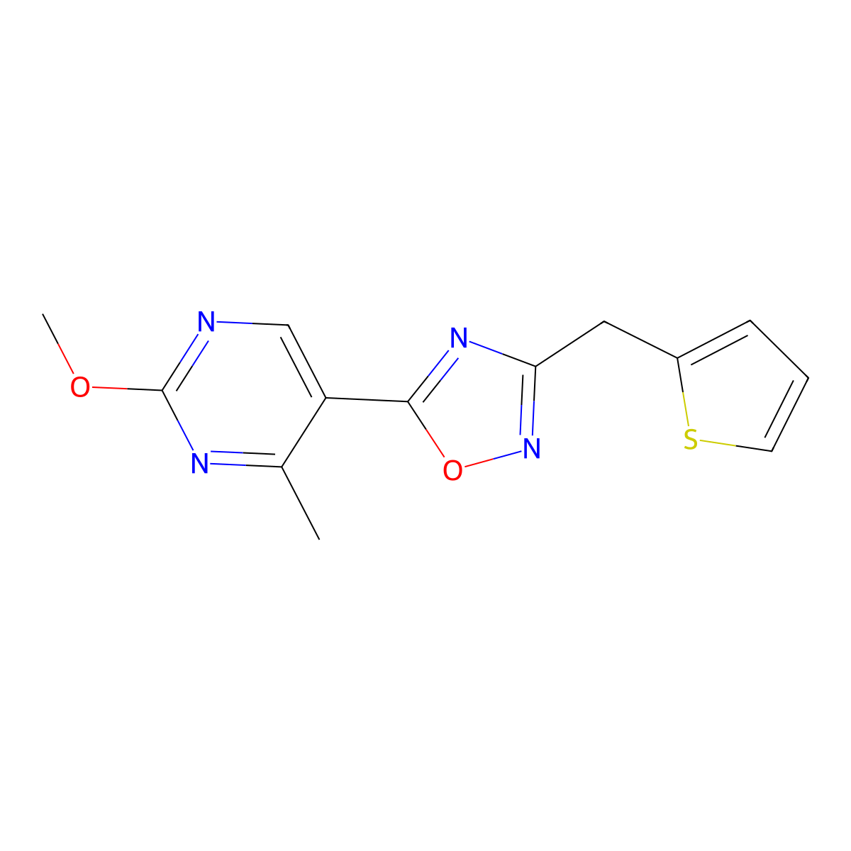 5-(2-Methoxy-4-methylpyrimidin-5-yl)-3-(thiophen-2-ylmethyl)-1,2,4-oxadiazole molecular structure, CAS 2034281-42-8