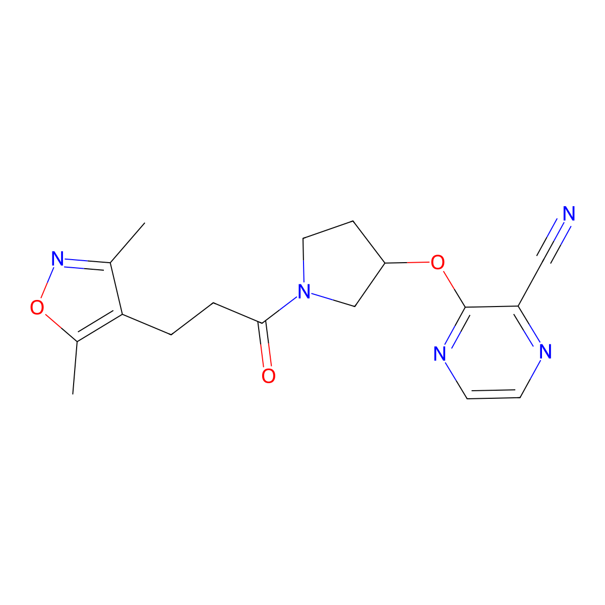 3-((1-(3-(3,5-Dimethylisoxazol-4-yl)propanoyl)pyrrolidin-3-yl)oxy)pyrazine-2-carbonitrile molecular structure, CAS 2034281-44-0