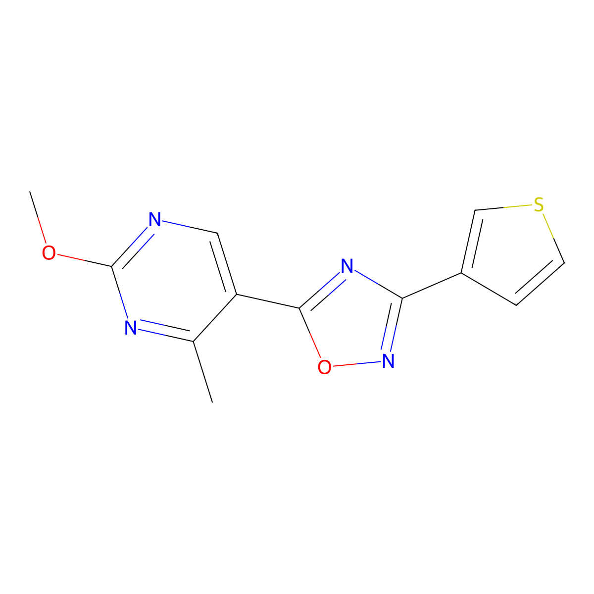 5-(2-Methoxy-4-methylpyrimidin-5-yl)-3-(thiophen-3-yl)-1,2,4-oxadiazole molecular structure, CAS 2034281-46-2