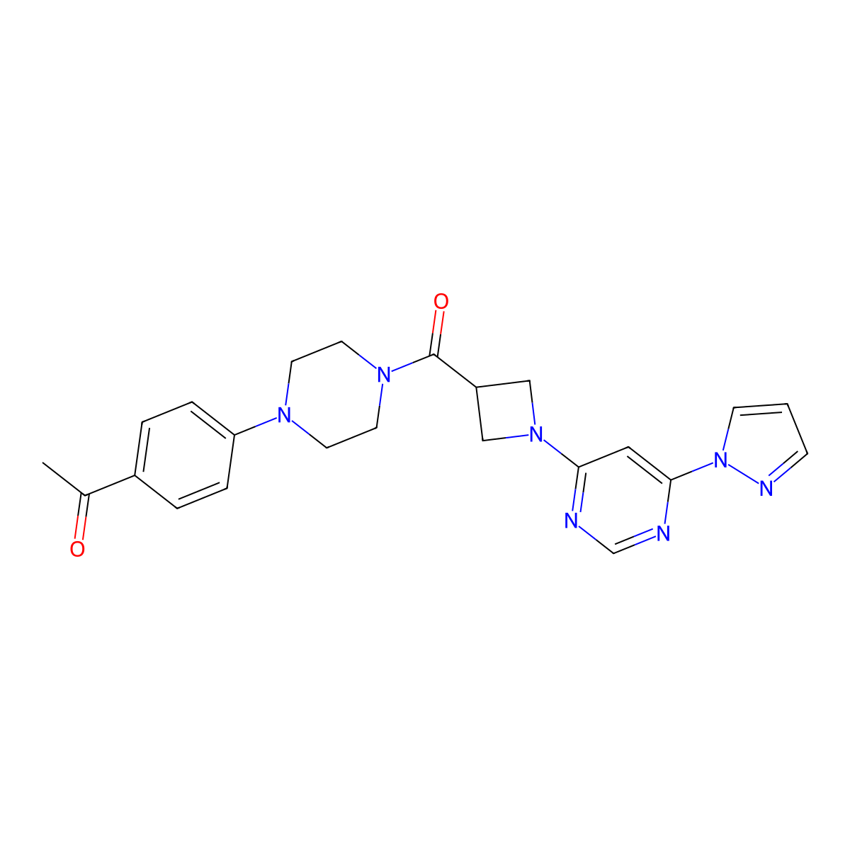 1-(4-(4-(1-(6-(1H-pyrazol-1-yl)pyrimidin-4-yl)azetidine-3-carbonyl)piperazin-1-yl)phenyl)ethanone molecular structure, CAS 2034281-49-5