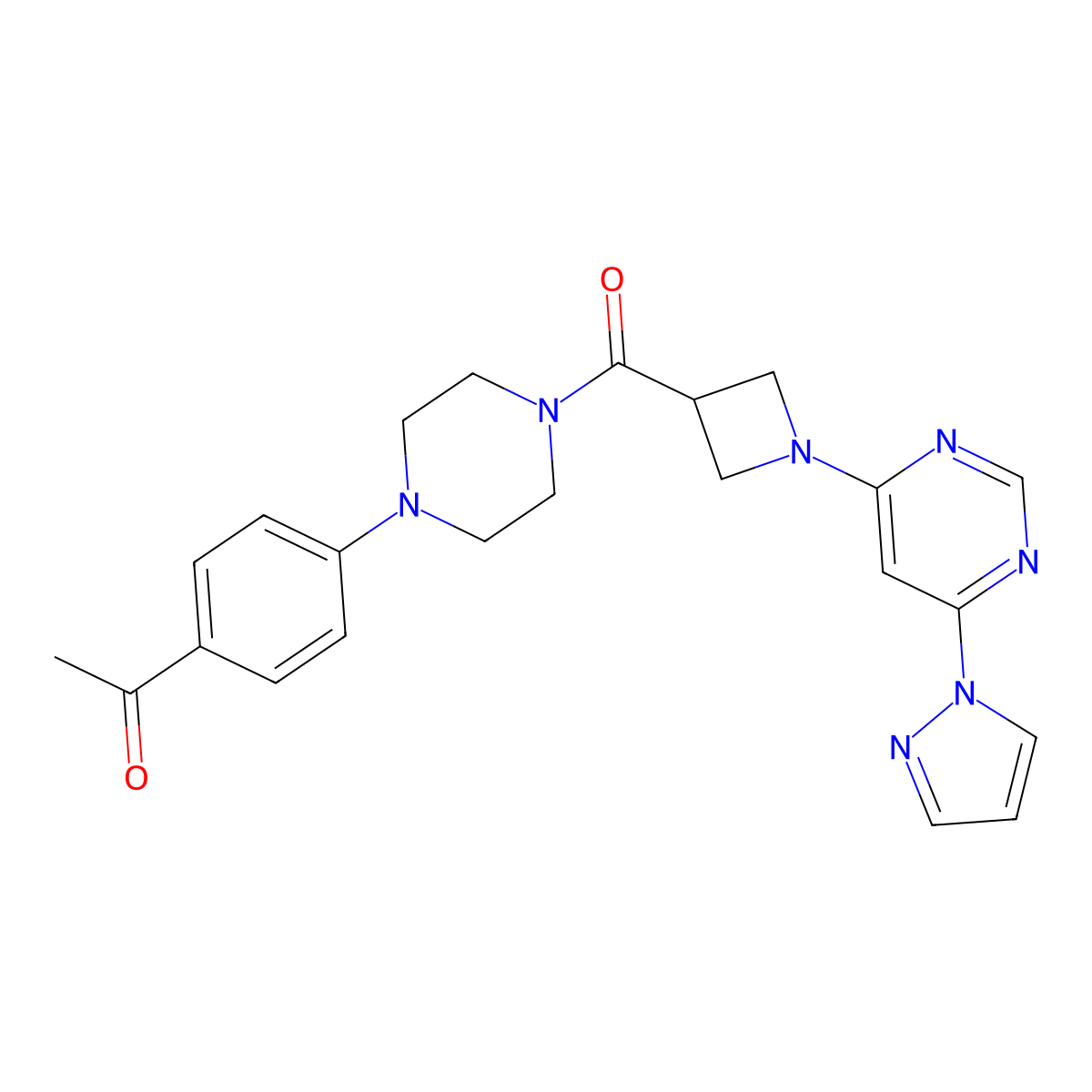 1-(4-(4-(1-(6-(1H-pyrazol-1-yl)pyrimidin-4-yl)azetidine-3-carbonyl)piperazin-1-yl)phenyl)ethanone molecular structure, CAS 2034281-49-5