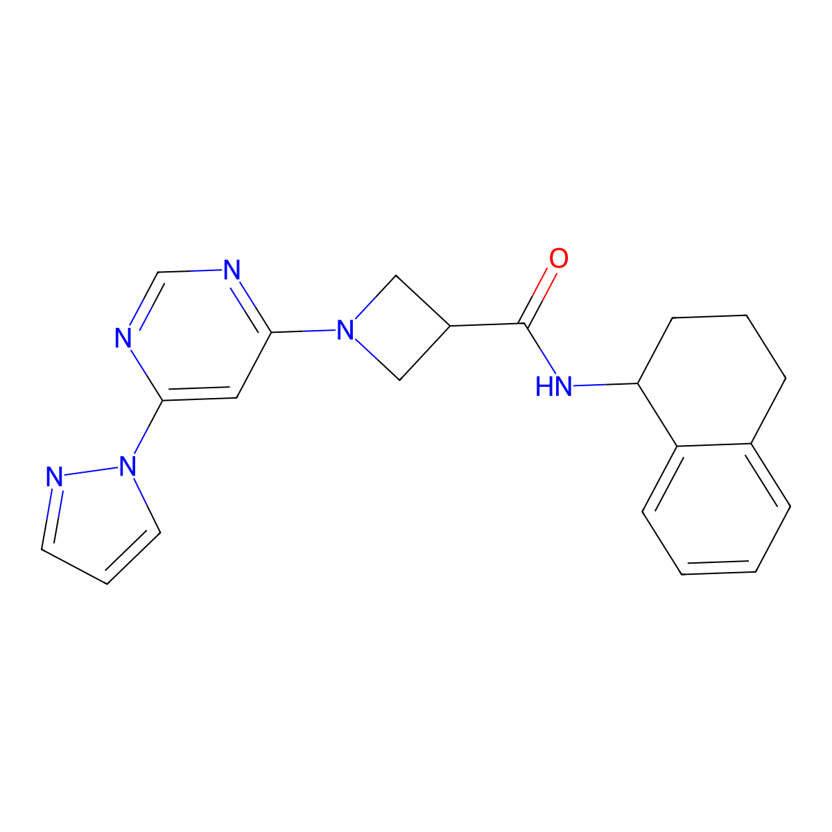 1-[6-(1H-pyrazol-1-yl)pyrimidin-4-yl]-N-(1,2,3,4-tetrahydronaphthalen-1-yl)azetidine-3-carboxamide molecular structure, CAS 2034281-56-4