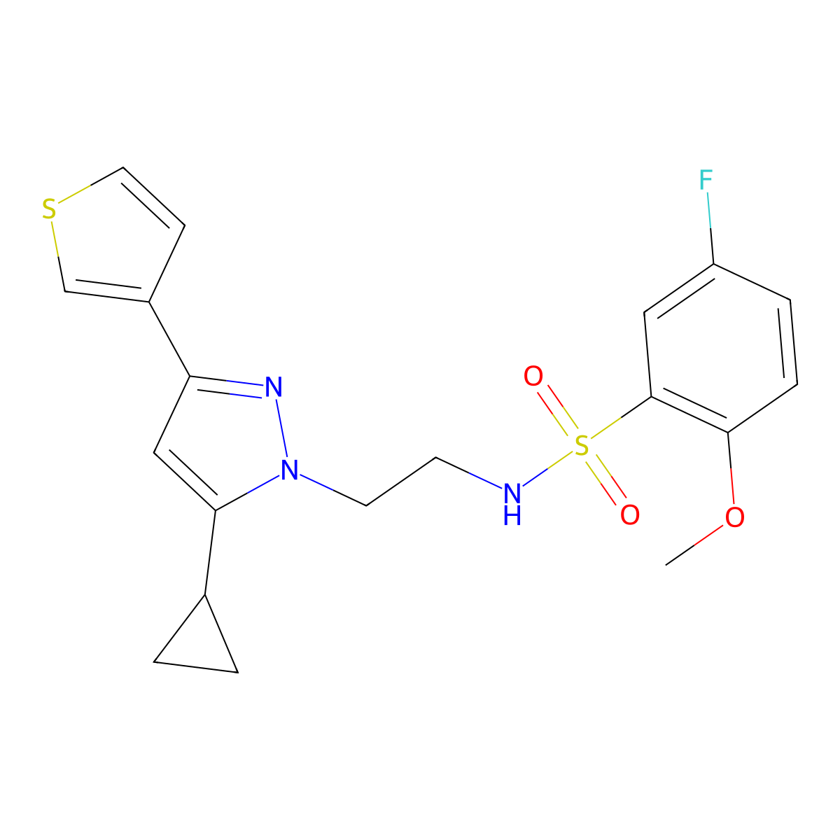 N-(2-(5-cyclopropyl-3-(thiophen-3-yl)-1H-pyrazol-1-yl)ethyl)-5-fluoro-2-methoxybenzenesulfonamide molecular structure, CAS 2034281-65-5