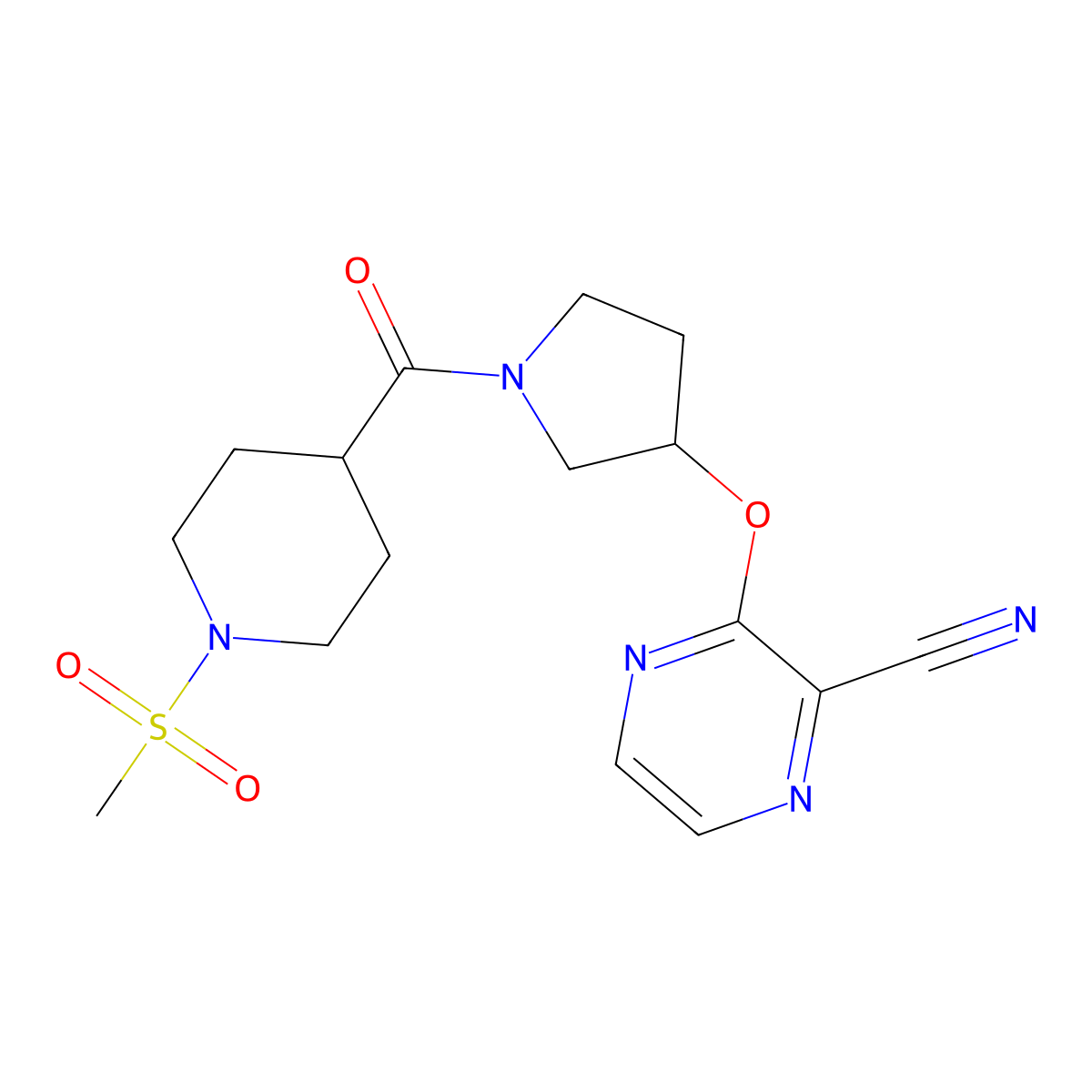 3-((1-(1-(Methylsulfonyl)piperidine-4-carbonyl)pyrrolidin-3-yl)oxy)pyrazine-2-carbonitrile molecular structure, CAS 2034281-68-8