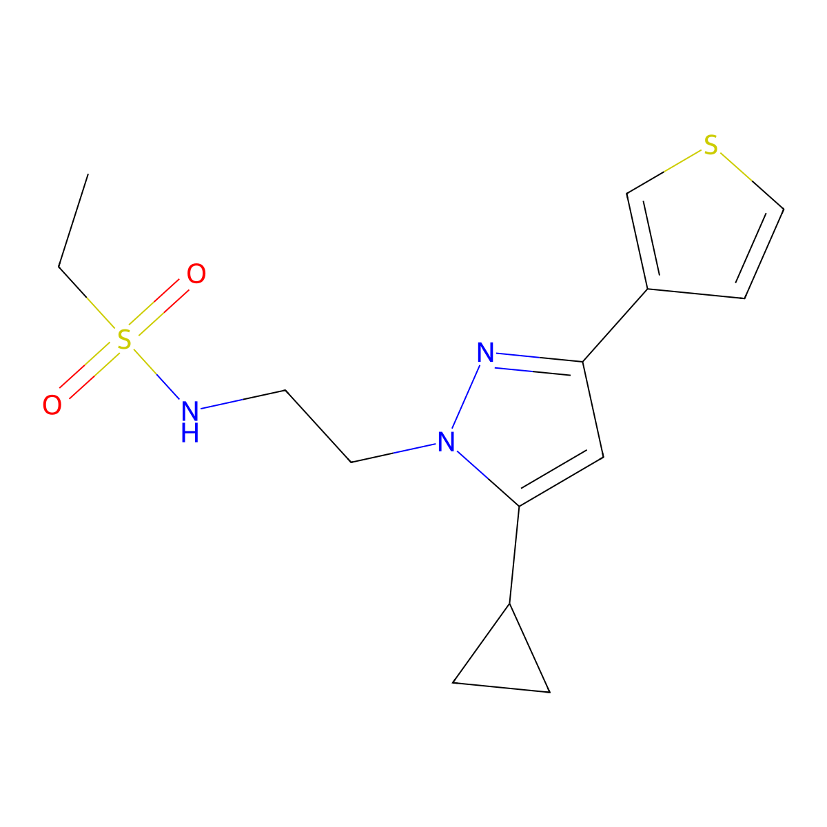 N-(2-(5-cyclopropyl-3-(thiophen-3-yl)-1H-pyrazol-1-yl)ethyl)ethanesulfonamide molecular structure, CAS 2034281-89-3