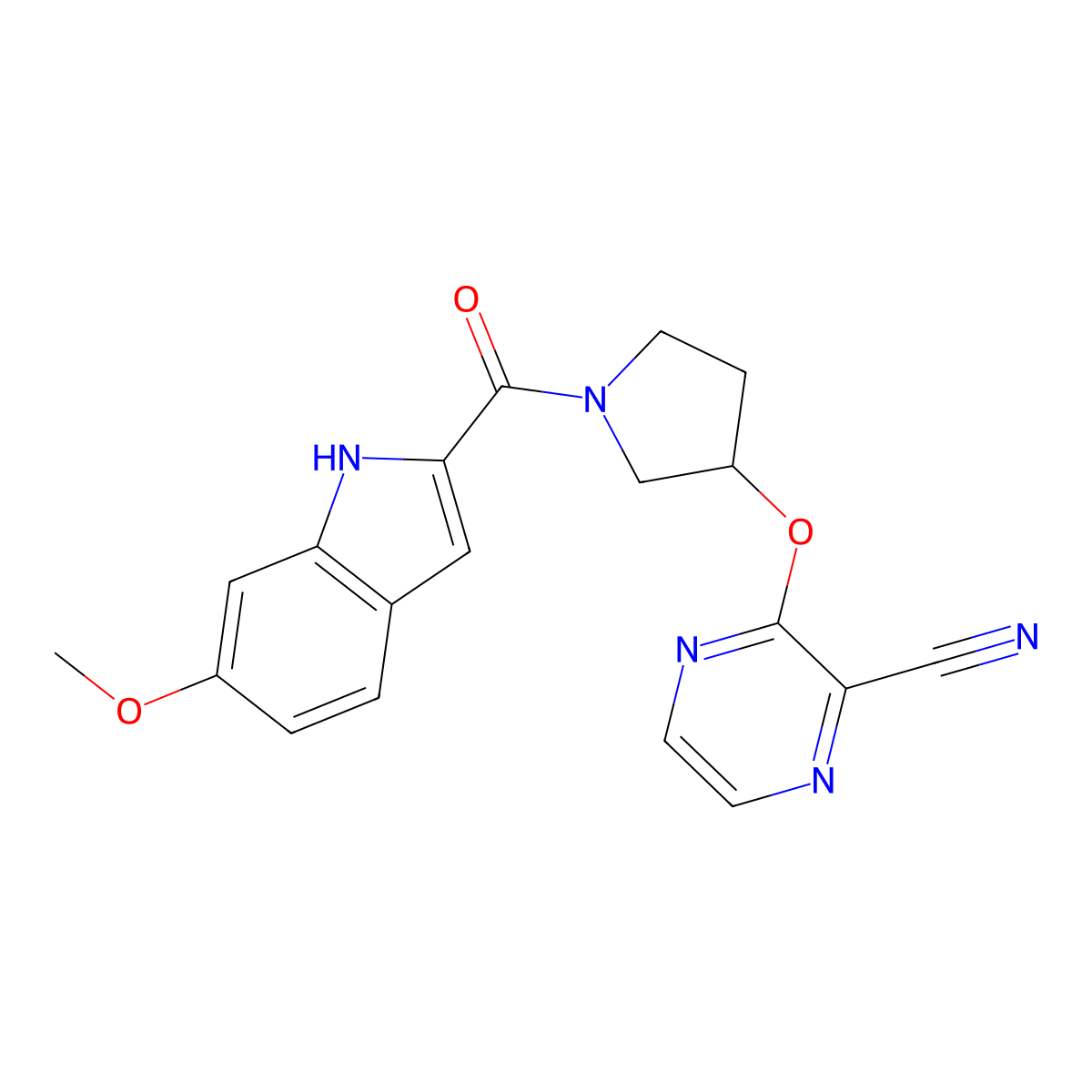 3-{[1-(6-methoxy-1H-indole-2-carbonyl)pyrrolidin-3-yl]oxy}pyrazine-2-carbonitrile molecular structure, CAS 2034281-92-8