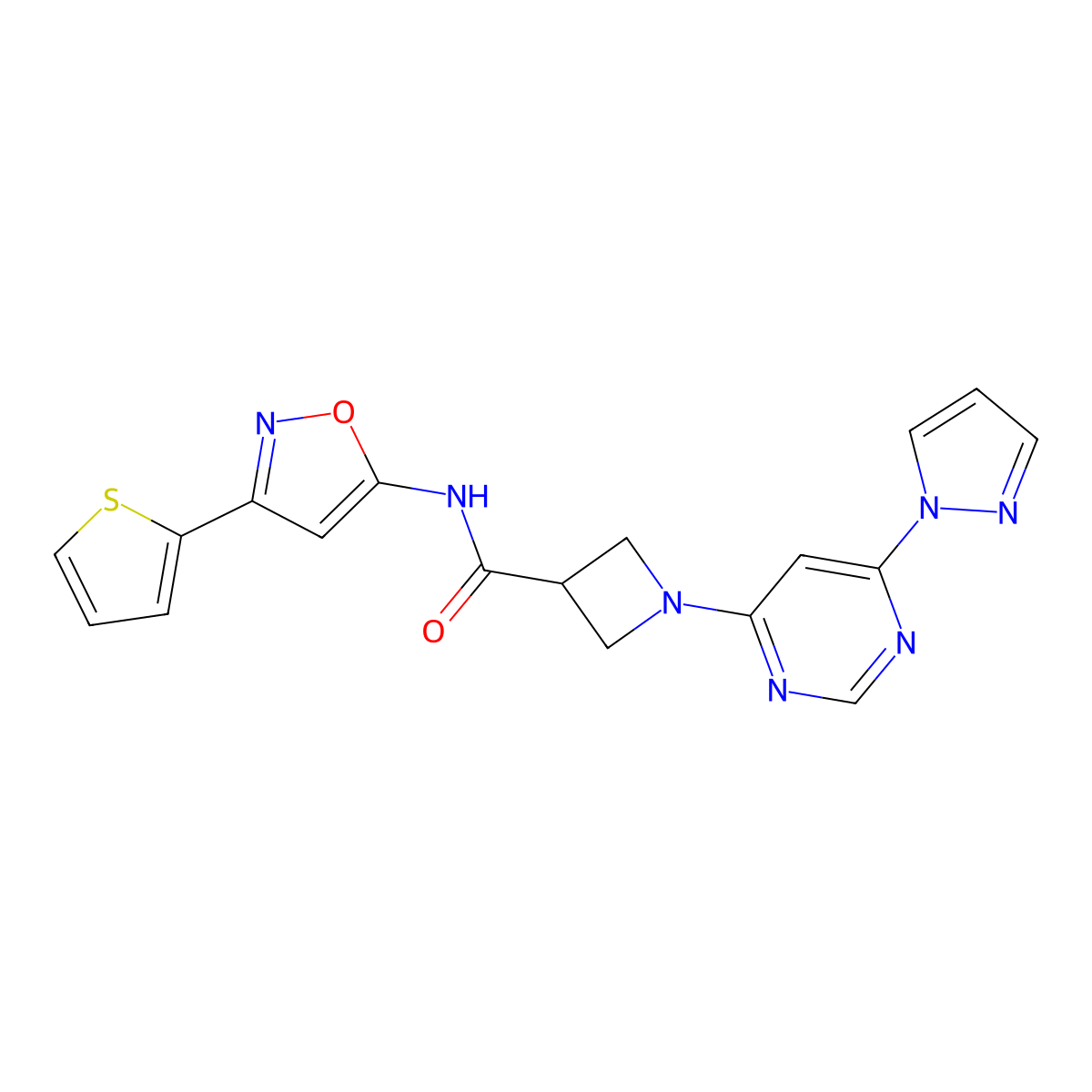 1-(6-(1H-pyrazol-1-yl)pyrimidin-4-yl)-N-(3-(thiophen-2-yl)isoxazol-5-yl)azetidine-3-carboxamide molecular structure, CAS 2034281-93-9