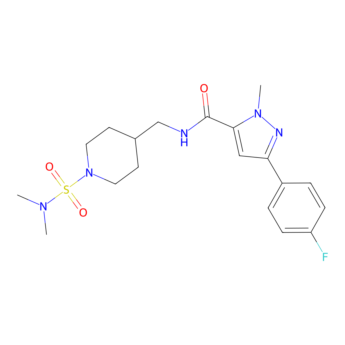 N-((1-(N,N-dimethylsulfamoyl)piperidin-4-yl)methyl)-3-(4-fluorophenyl)-1-methyl-1H-pyrazole-5-carboxamide molecular structure, CAS 2034281-94-0