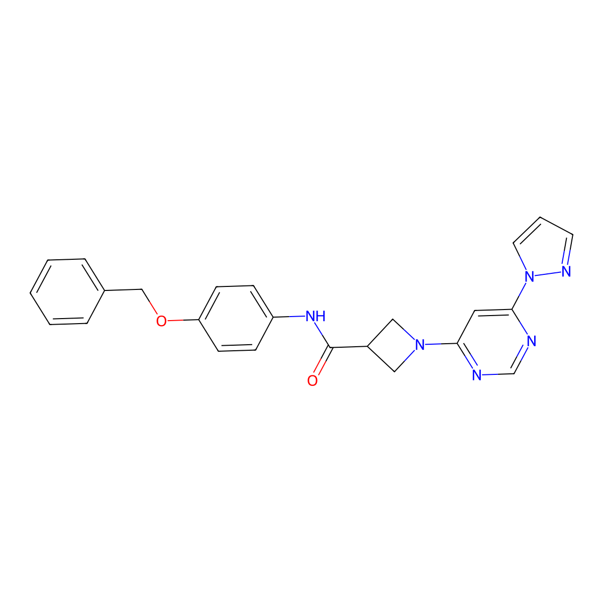 1-(6-(1H-pyrazol-1-yl)pyrimidin-4-yl)-N-(4-(benzyloxy)phenyl)azetidine-3-carboxamide molecular structure, CAS 2034281-97-3