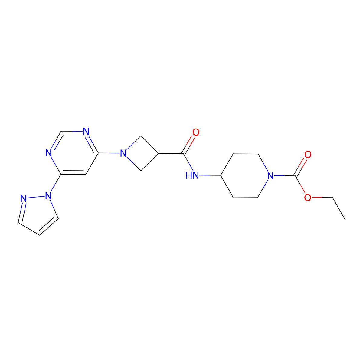 ethyl 4-(1-(6-(1H-pyrazol-1-yl)pyrimidin-4-yl)azetidine-3-carboxamido)piperidine-1-carboxylate molecular structure, CAS 2034282-01-2