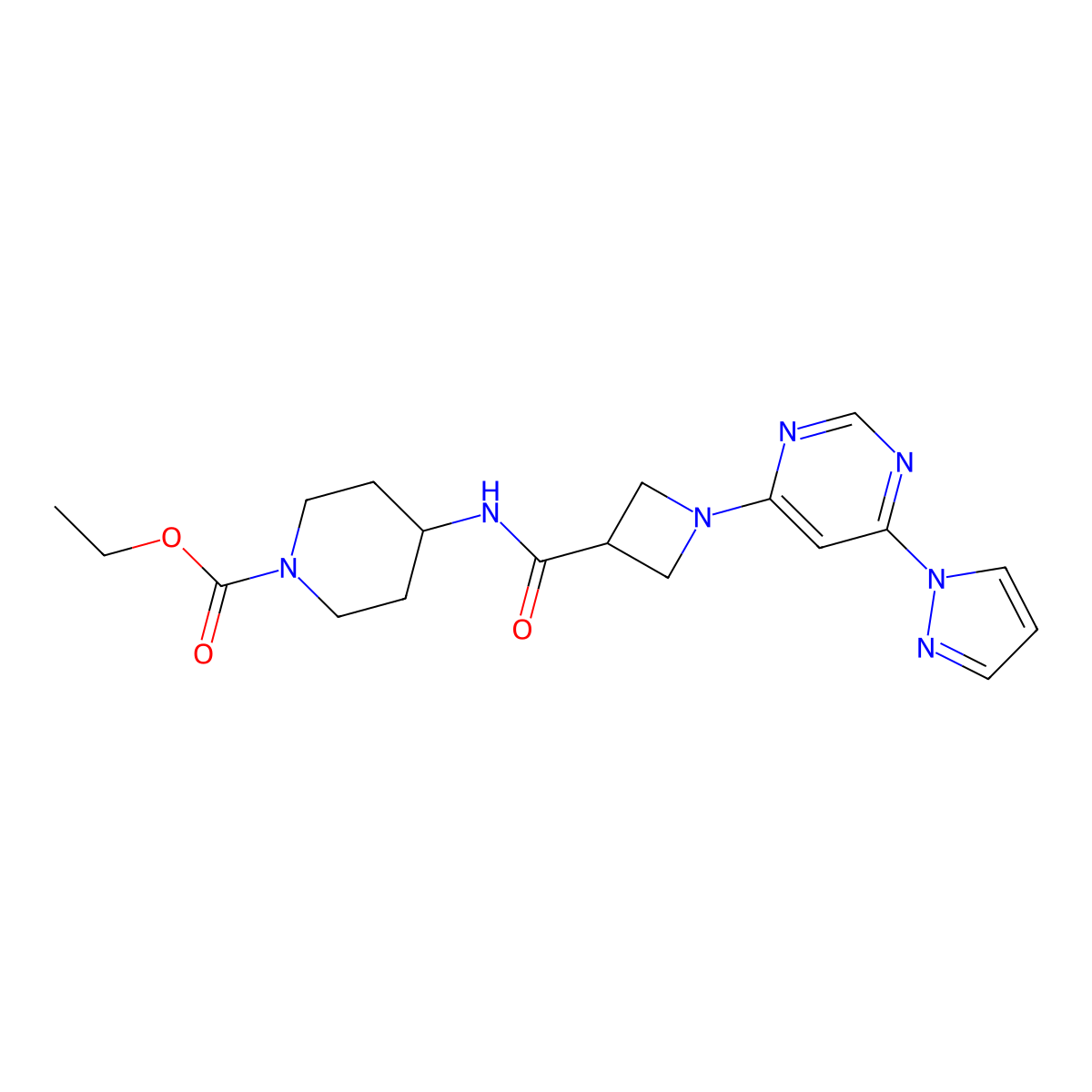 ethyl 4-(1-(6-(1H-pyrazol-1-yl)pyrimidin-4-yl)azetidine-3-carboxamido)piperidine-1-carboxylate molecular structure, CAS 2034282-01-2