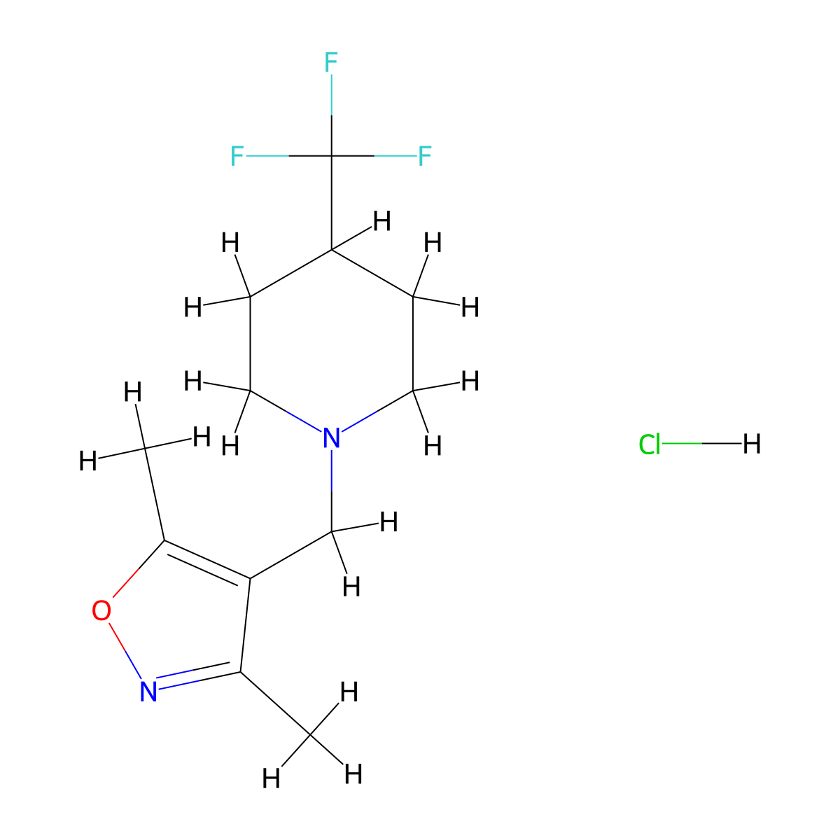 3,5-Dimethyl-4-((4-(trifluoromethyl)piperidin-1-yl)methyl)isoxazole hydrochloride molecular structure, CAS 2034282-26-1