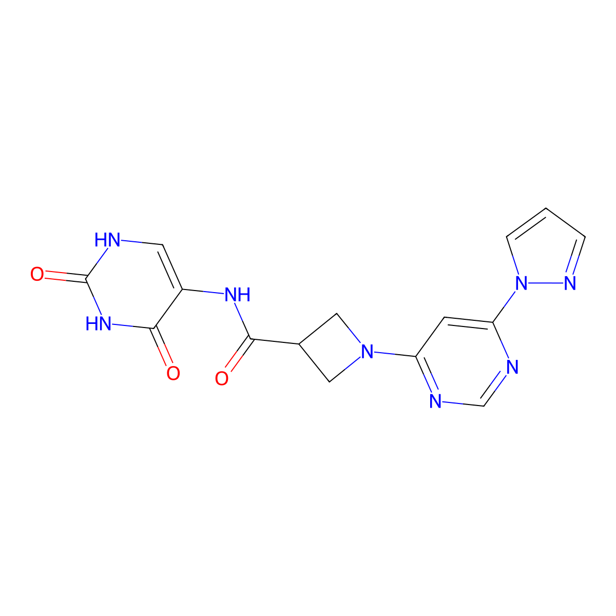 1-(6-(1H-pyrazol-1-yl)pyrimidin-4-yl)-N-(2,4-dioxo-1,2,3,4-tetrahydropyrimidin-5-yl)azetidine-3-carboxamide molecular structure, CAS 2034282-32-9