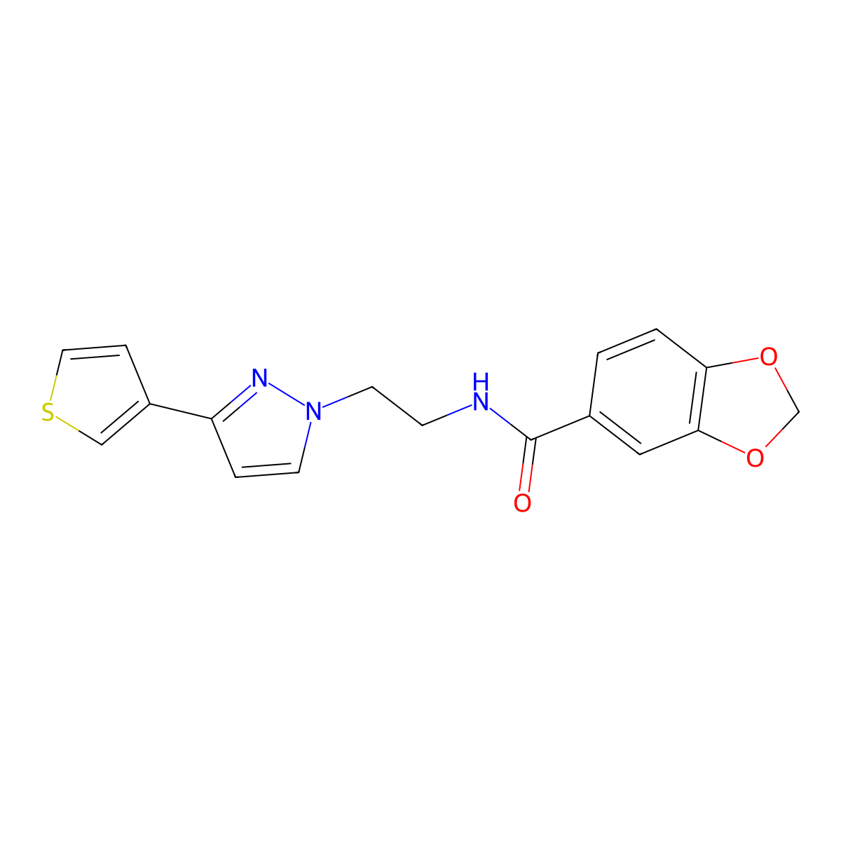 N-(2-(3-(thiophen-3-yl)-1H-pyrazol-1-yl)ethyl)benzo[d][1,3]dioxole-5-carboxamide molecular structure, CAS 2034282-38-5