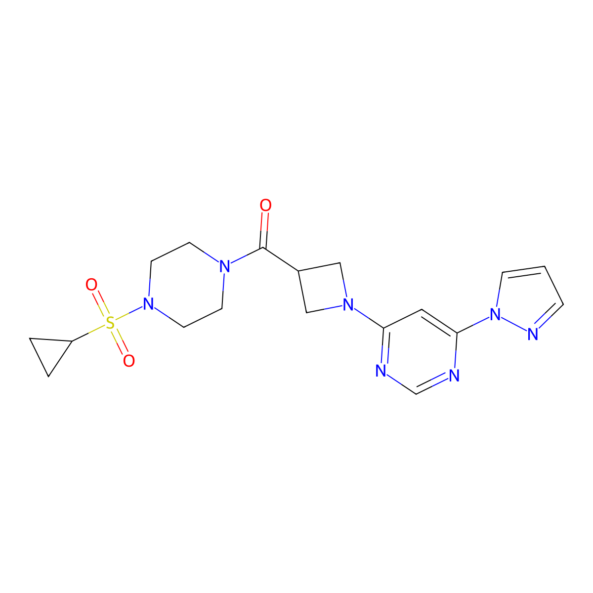 (1-(6-(1H-pyrazol-1-yl)pyrimidin-4-yl)azetidin-3-yl)(4-(cyclopropylsulfonyl)piperazin-1-yl)methanone molecular structure, CAS 2034282-40-9