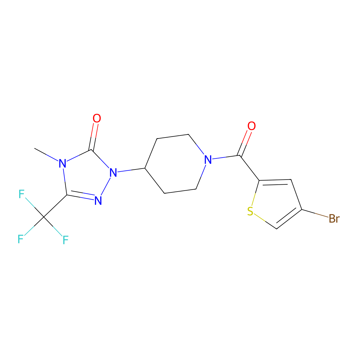 1-(1-(4-bromothiophene-2-carbonyl)piperidin-4-yl)-4-methyl-3-(trifluoromethyl)-1H-1,2,4-triazol-5(4H)-one molecular structure, CAS 2034282-41-0