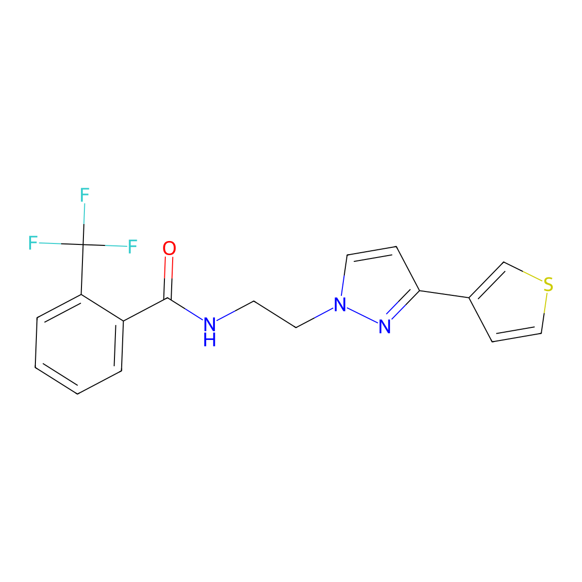 N-(2-(3-(thiophen-3-yl)-1H-pyrazol-1-yl)ethyl)-2-(trifluoromethyl)benzamide molecular structure, CAS 2034282-46-5