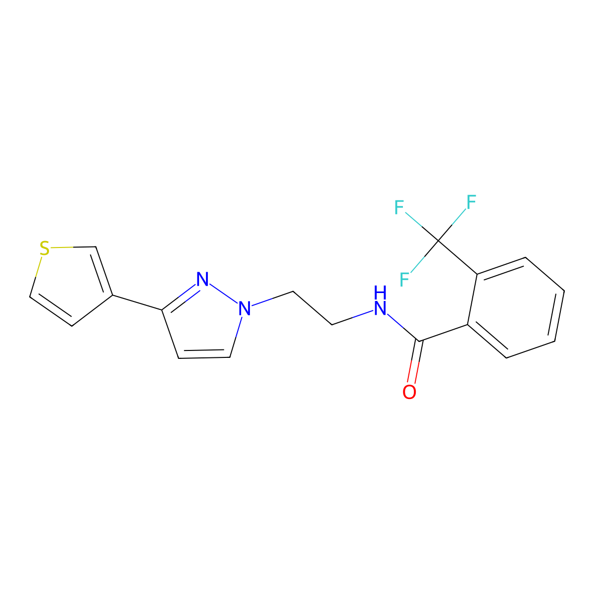 N-(2-(3-(thiophen-3-yl)-1H-pyrazol-1-yl)ethyl)-2-(trifluoromethyl)benzamide molecular structure, CAS 2034282-46-5