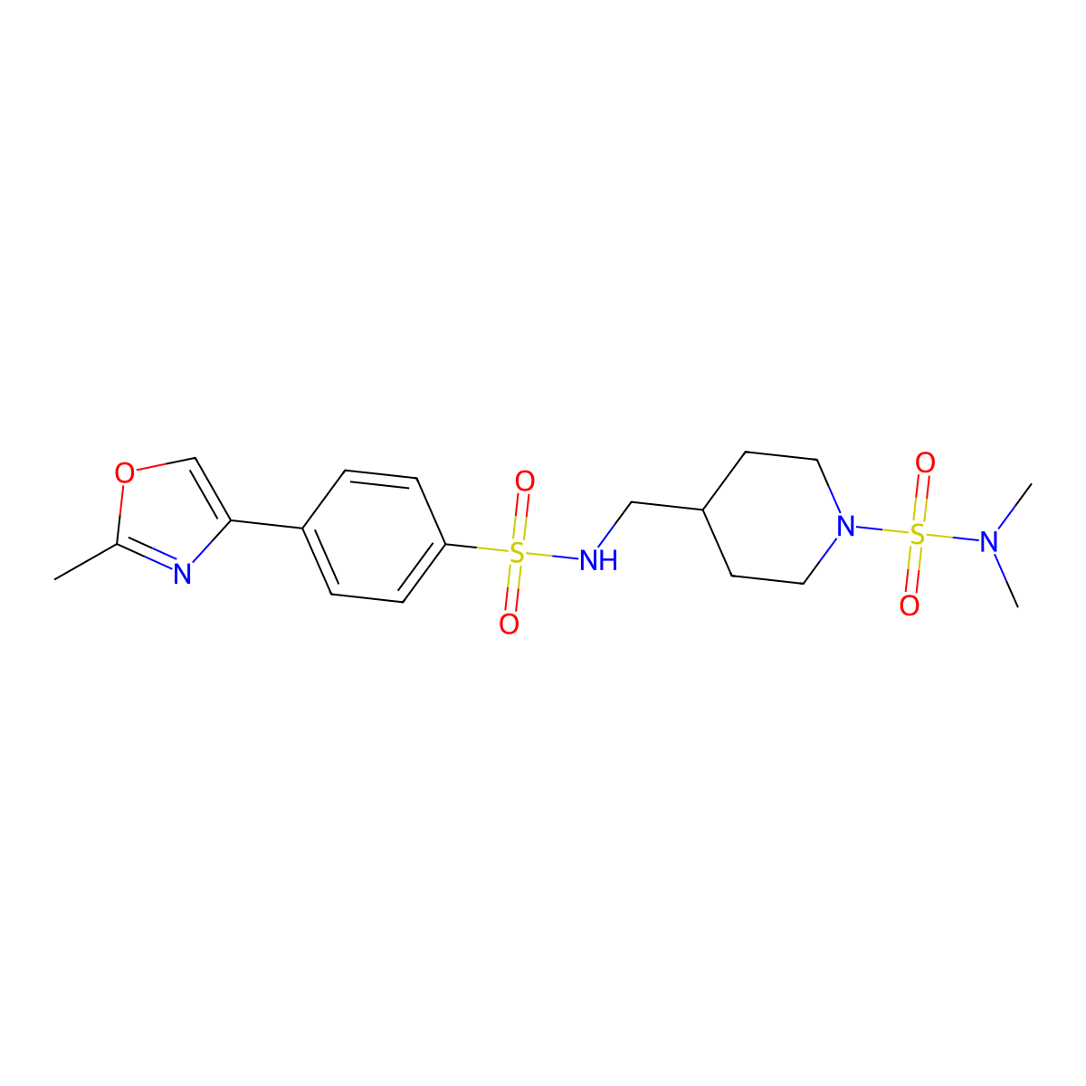 N,N-dimethyl-4-((4-(2-methyloxazol-4-yl)phenylsulfonamido)methyl)piperidine-1-sulfonamide molecular structure, CAS 2034282-51-2