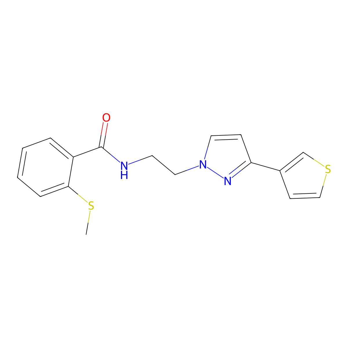 2-(methylthio)-N-(2-(3-(thiophen-3-yl)-1H-pyrazol-1-yl)ethyl)benzamide molecular structure, CAS 2034282-65-8