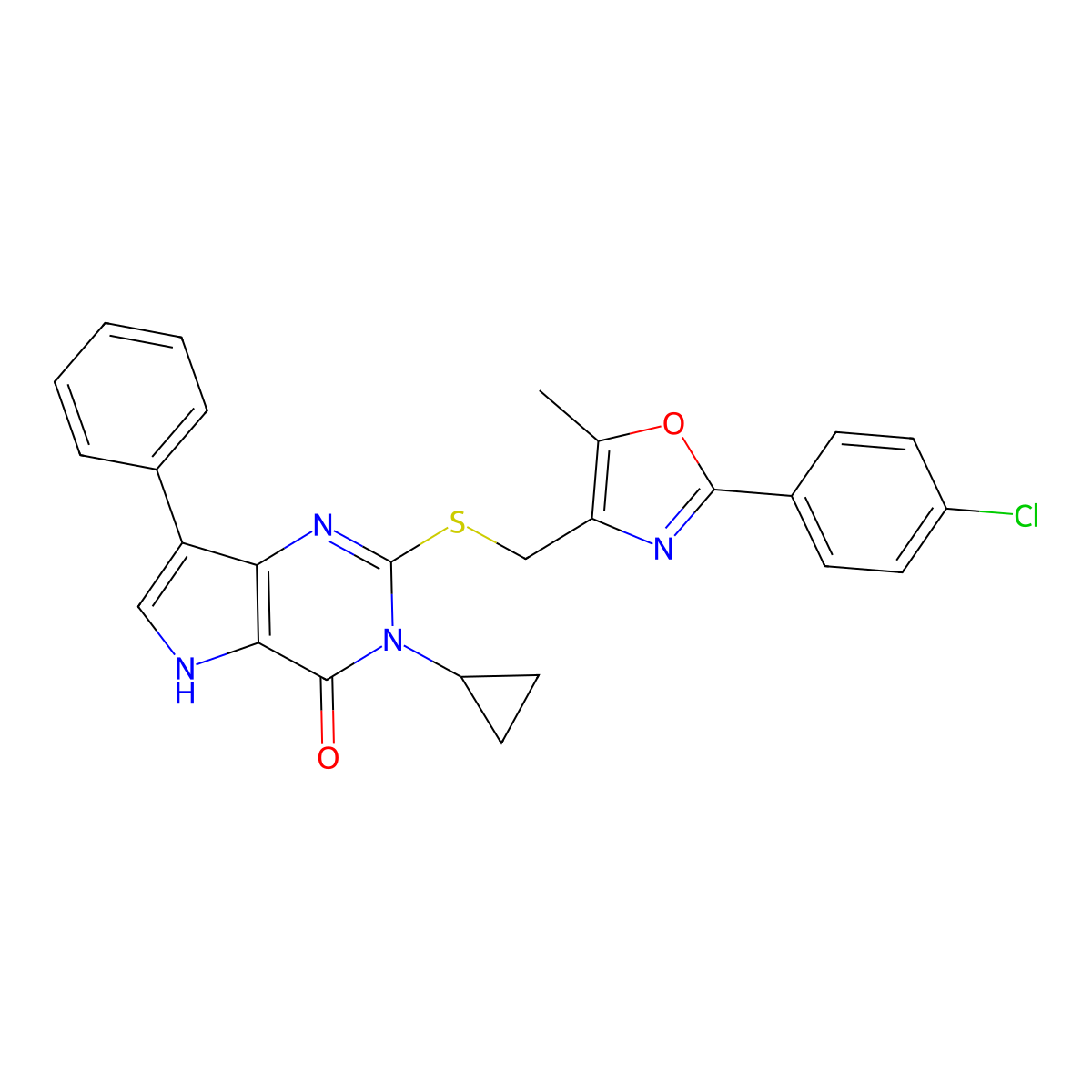 2-(((2-(4-chlorophenyl)-5-methyloxazol-4-yl)methyl)thio)-3-cyclopropyl-7-phenyl-3H-pyrrolo[3,2-d]pyrimidin-4(5H)-one molecular structure, CAS 2034282-66-9